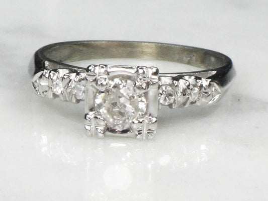 Vintage 14k White Gold Natural Old European Cut Diamond Engagement Ring Approx .33 CT Size 5.25