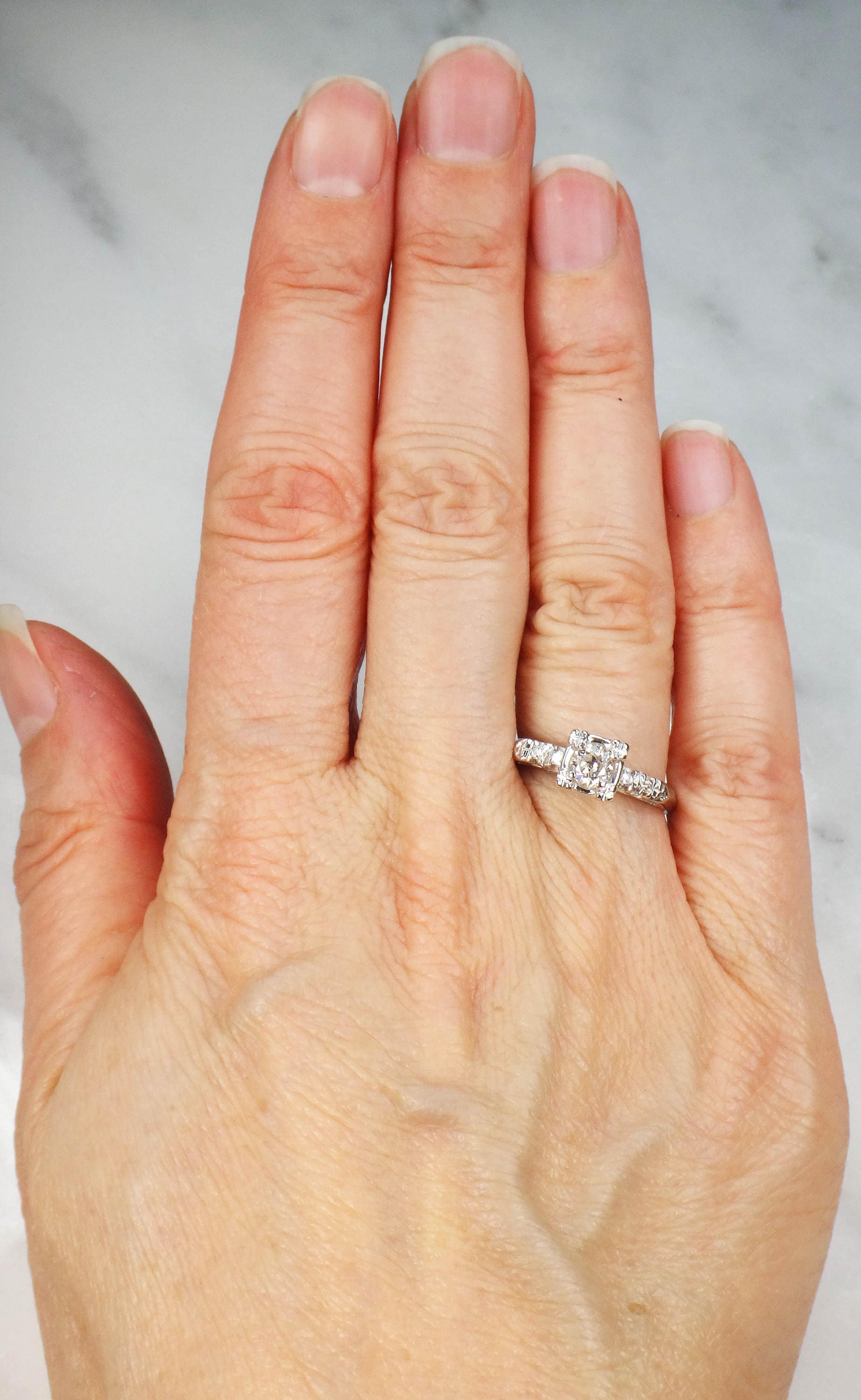 Vintage 14k White Gold Natural Old European Cut Diamond Engagement Ring Approx .33 CT Size 5.25