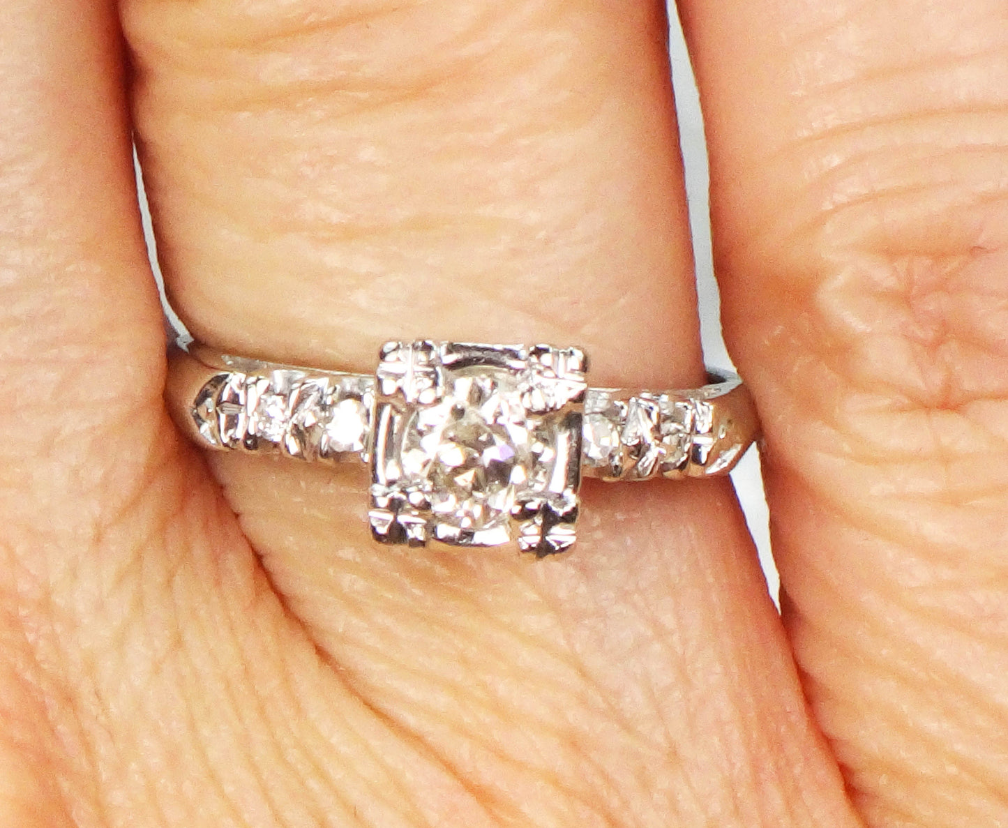 Vintage 14k White Gold Natural Old European Cut Diamond Engagement Ring Approx .33 CT Size 5.25