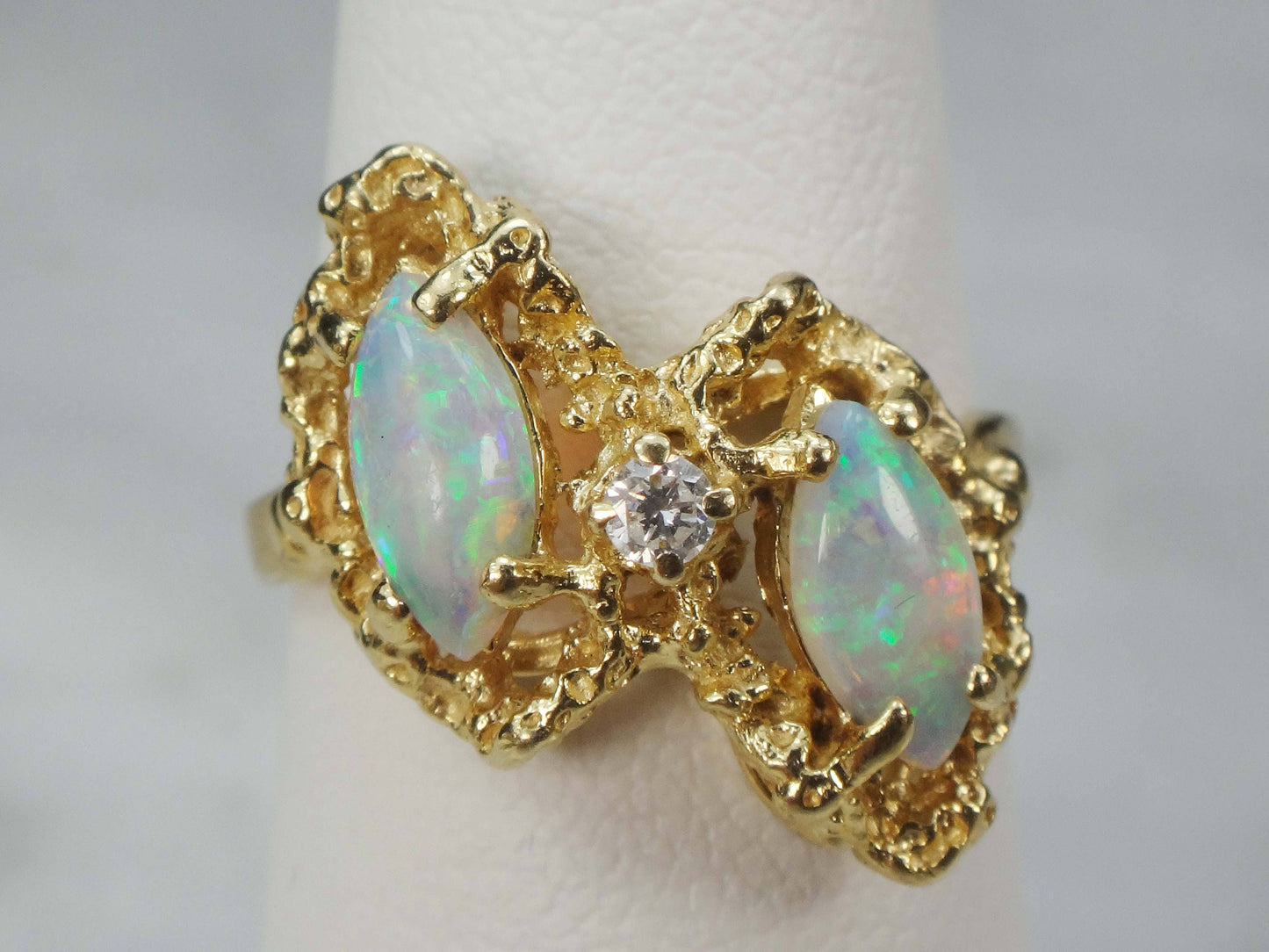 Vintage Two Marquise Opals and Diamond Ring 14k Yellow Gold Natural Australian Opal Ring - October Birthstone