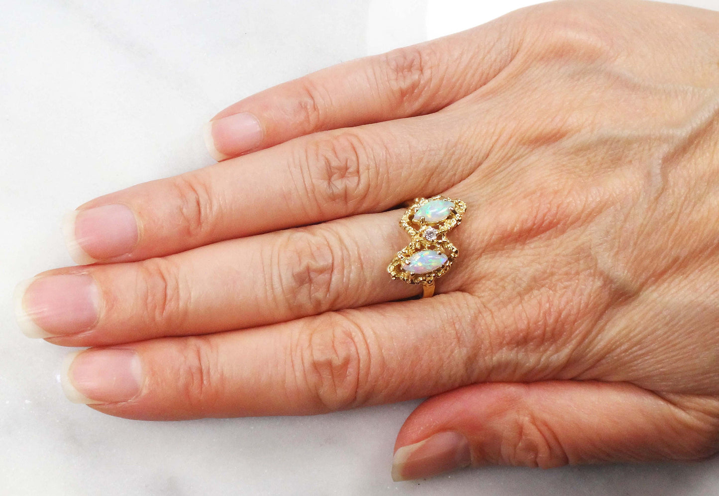 Vintage Two Marquise Opals and Diamond Ring 14k Yellow Gold Natural Australian Opal Ring - October Birthstone
