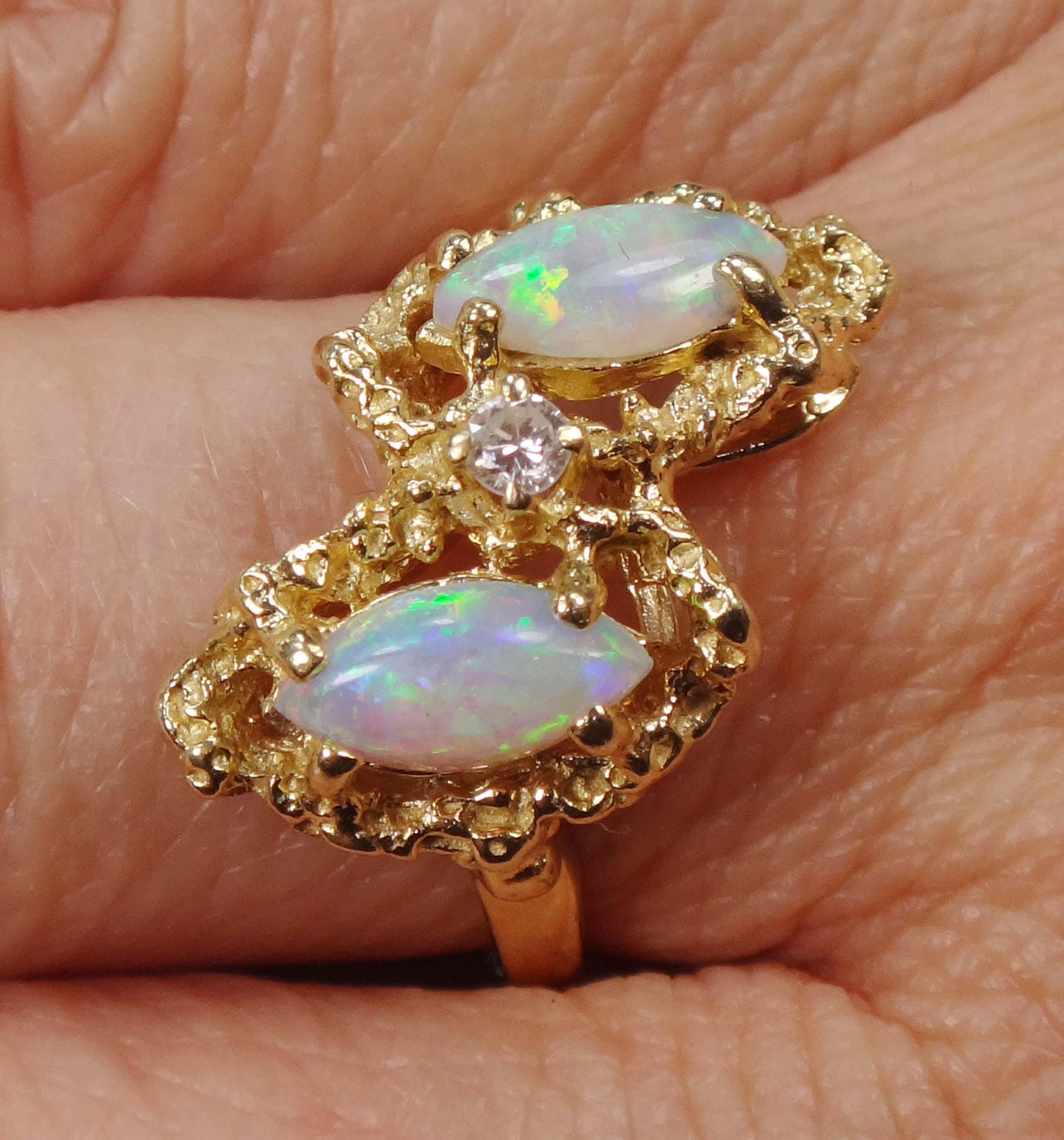 Vintage Two Marquise Opals and Diamond Ring 14k Yellow Gold Natural Australian Opal Ring - October Birthstone