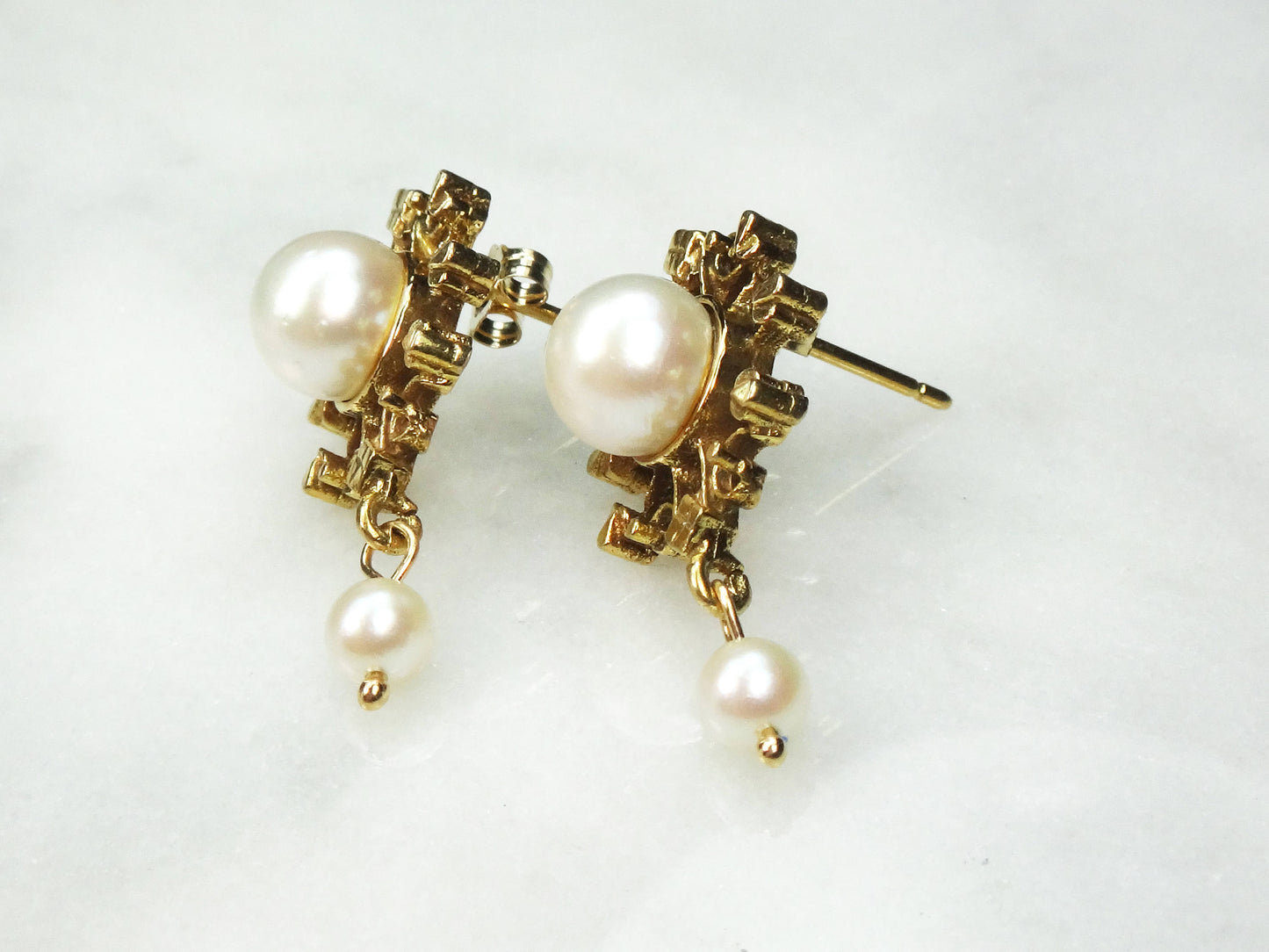 Cultured Pearl Dangle Earrings - 14k Yellow Gold Fine Bridal Jewelry - Vintage Circa 1940's