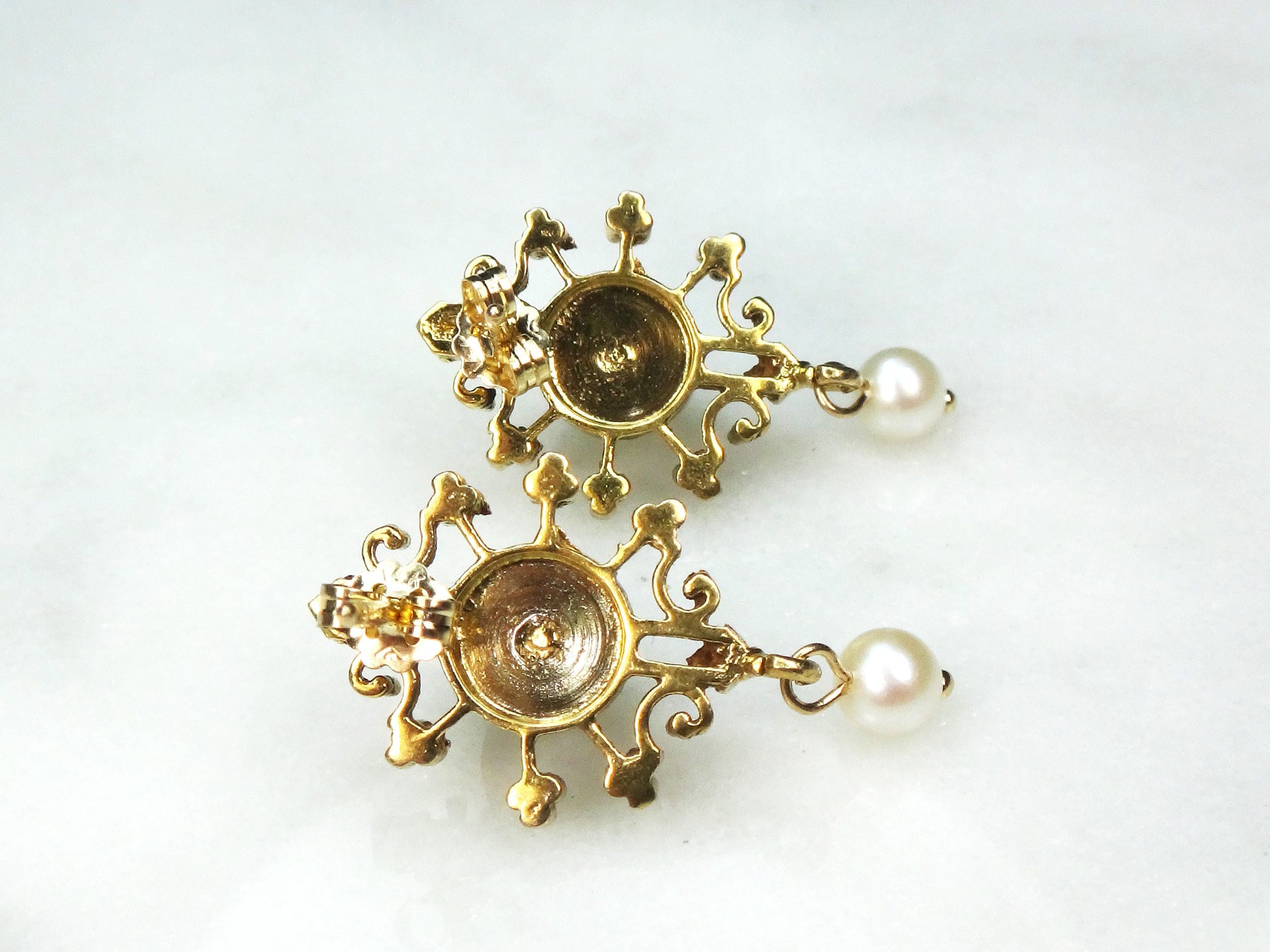 Cultured Pearl Dangle Earrings - 14k Yellow Gold Fine Bridal Jewelry - Vintage Circa 1940's