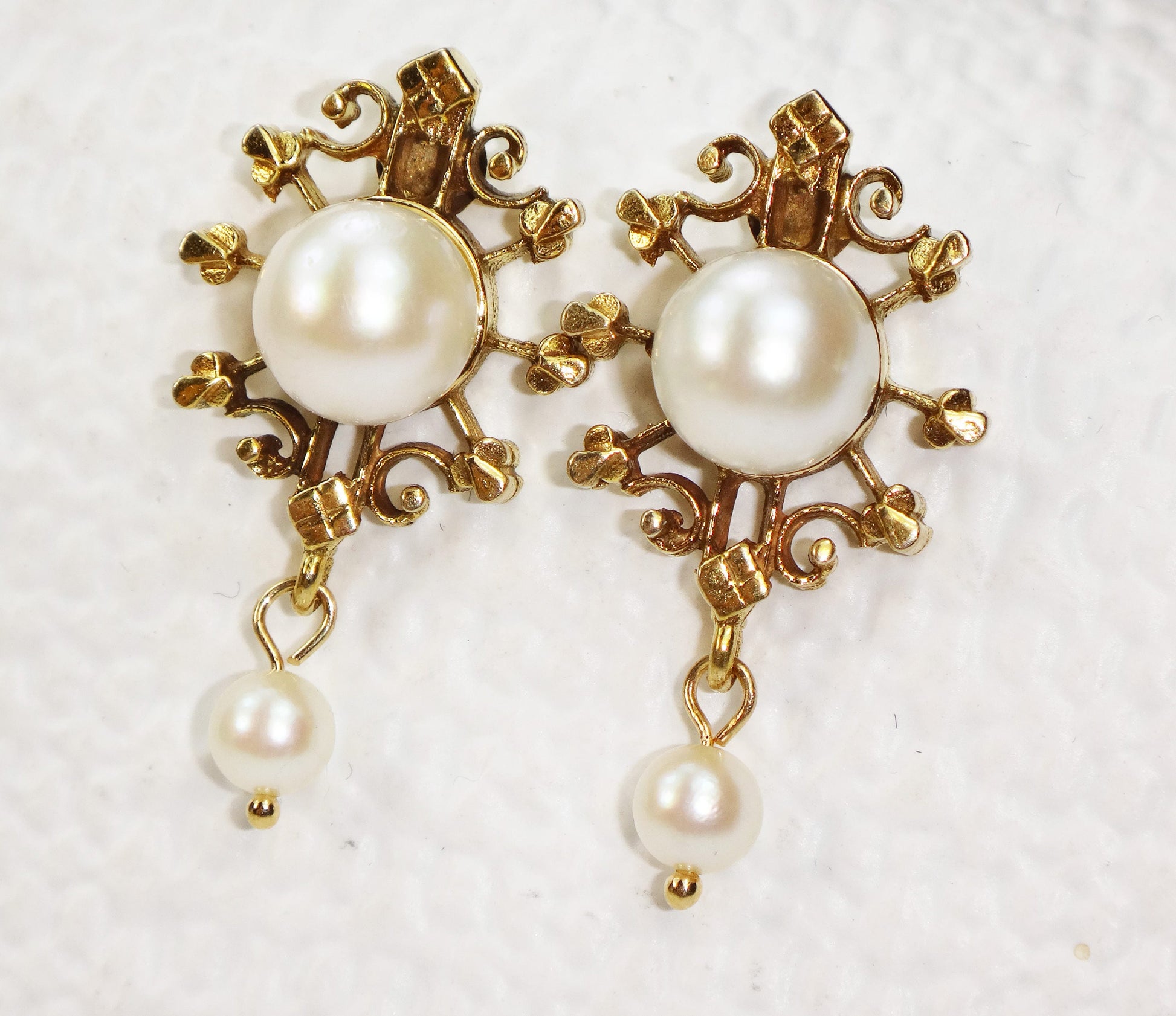 Cultured Pearl Dangle Earrings - 14k Yellow Gold Fine Bridal Jewelry - Vintage Circa 1940's