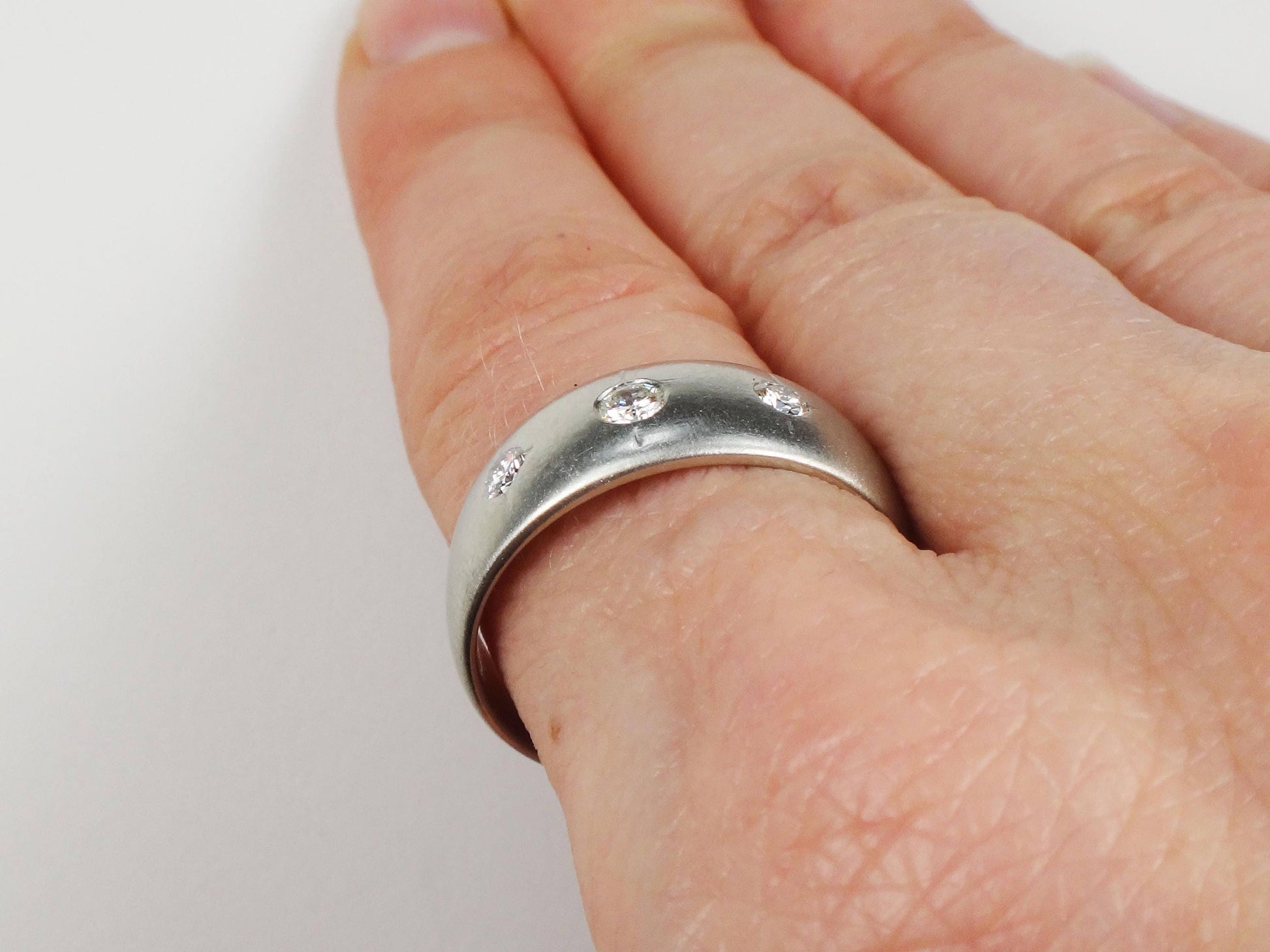 Vintage 14k Natural Diamond Wedding Band Gypsy Set Three Stone Diamond Ring White Gold Wedding Ring Size 9 1/2