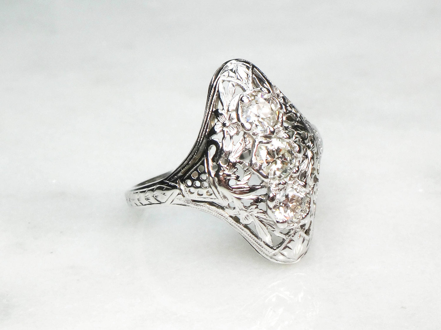 Antique 14k White Gold Diamond Filigree Ring: Art Deco Three-Stone Ring, Size 7