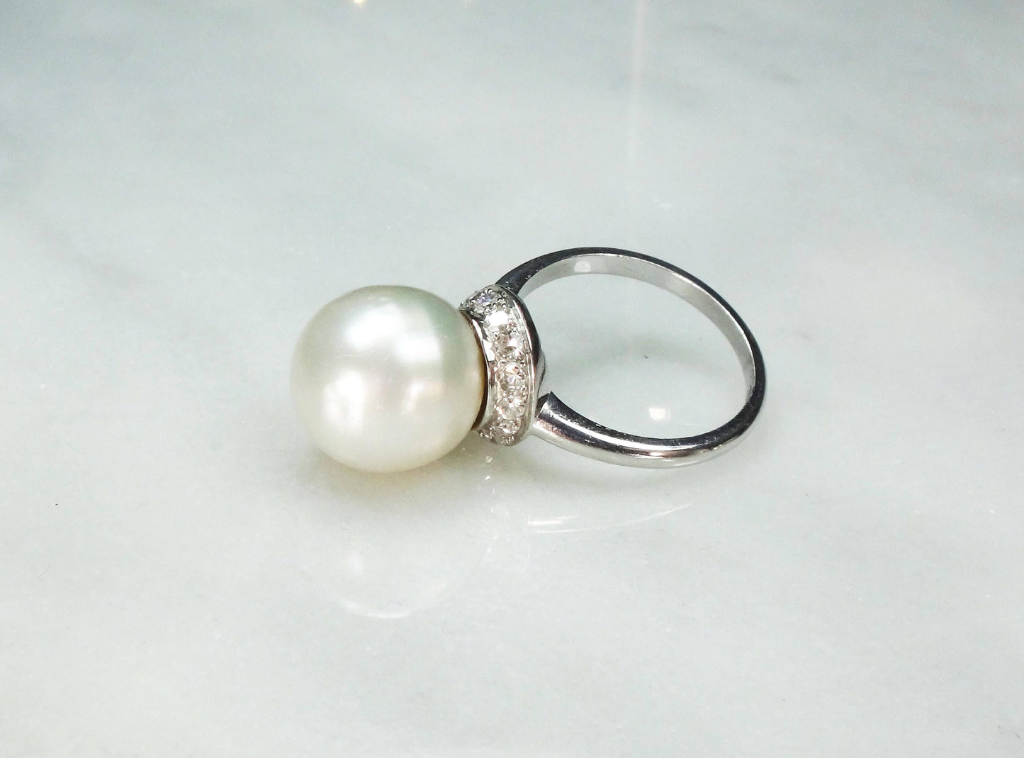 Vintage Palladium Large Cultured South Sea Pearl and Natural Diamond Ring 12 mm Pearl Statement Ring Bridal Ring