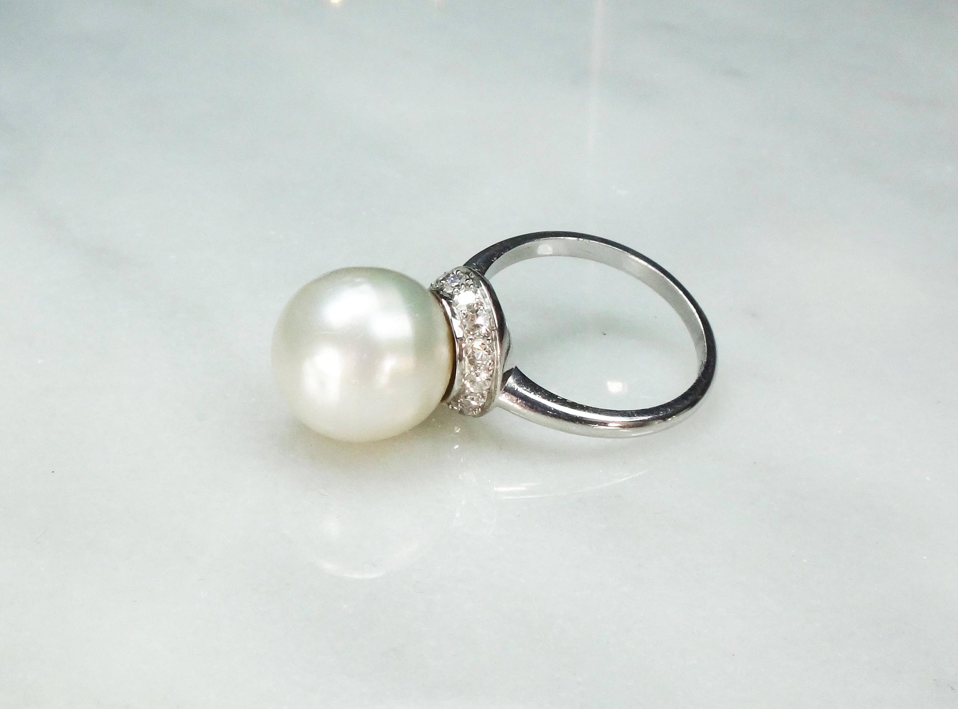 Vintage Palladium South Sea Pearl Ring: Diamond Halo, Bridal Statement