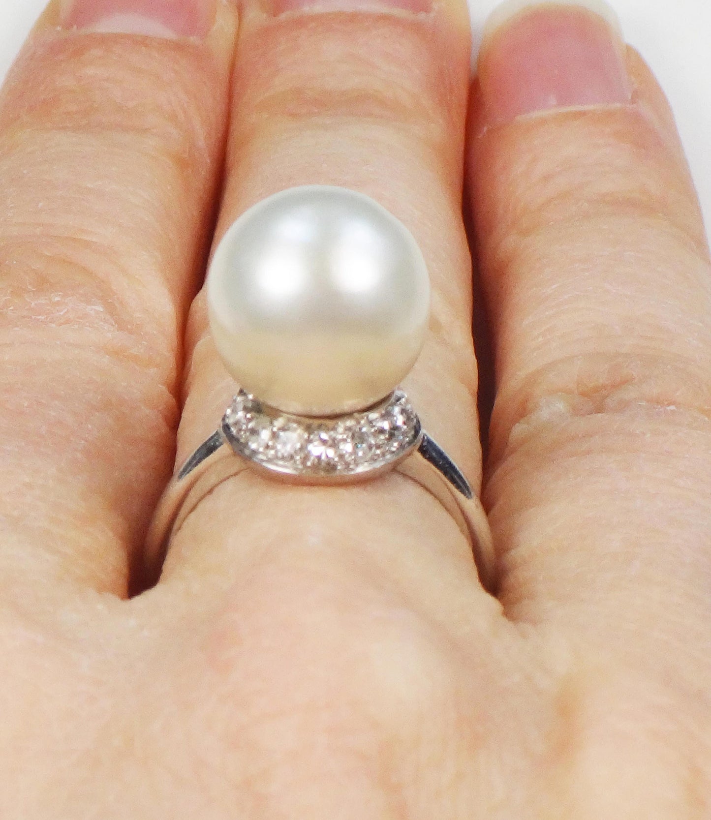 Vintage Palladium South Sea Pearl Ring: Diamond Halo, Bridal Statement