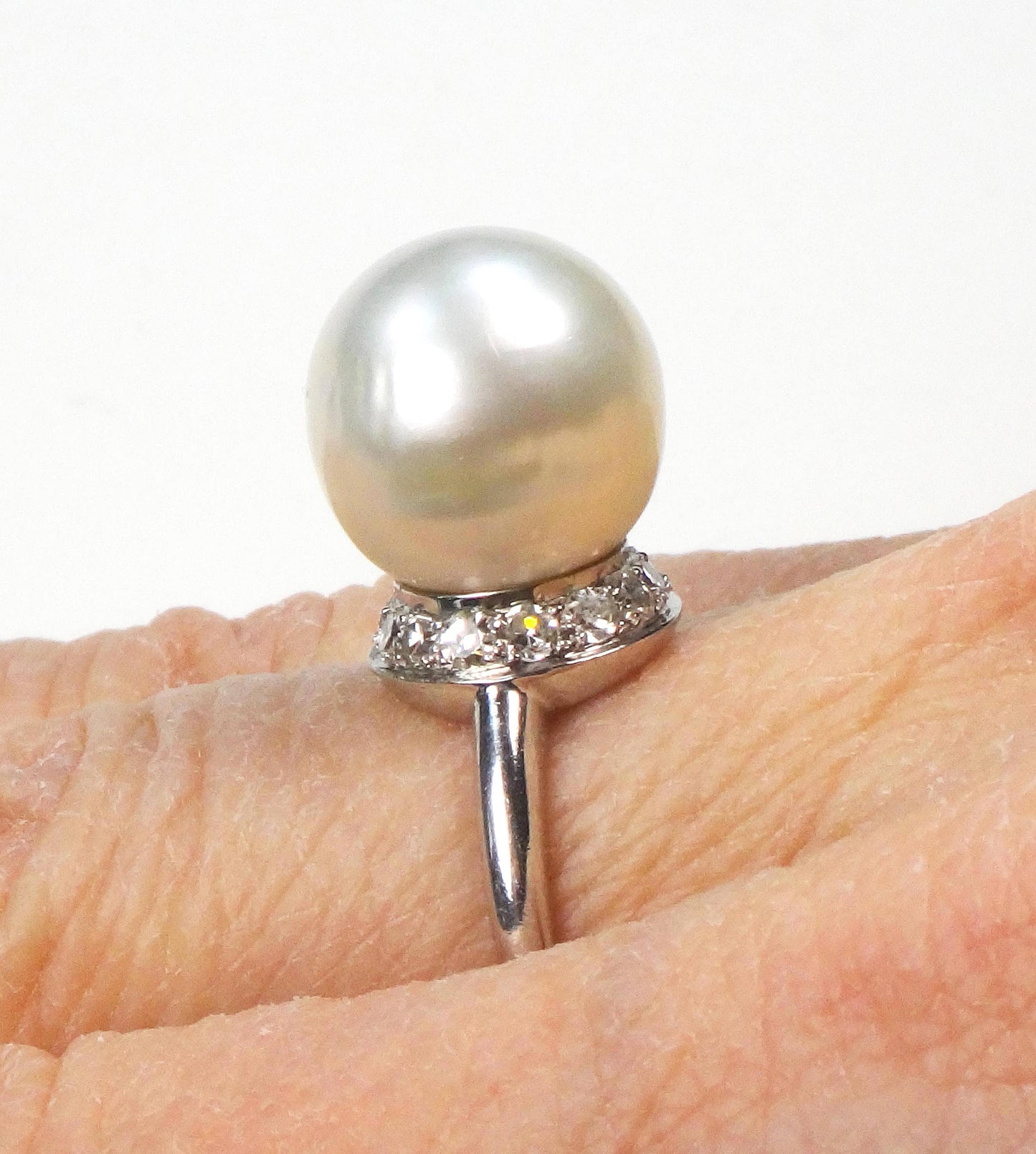 Vintage Palladium Large Cultured South Sea Pearl and Natural Diamond Ring 12 mm Pearl Statement Ring Bridal Ring