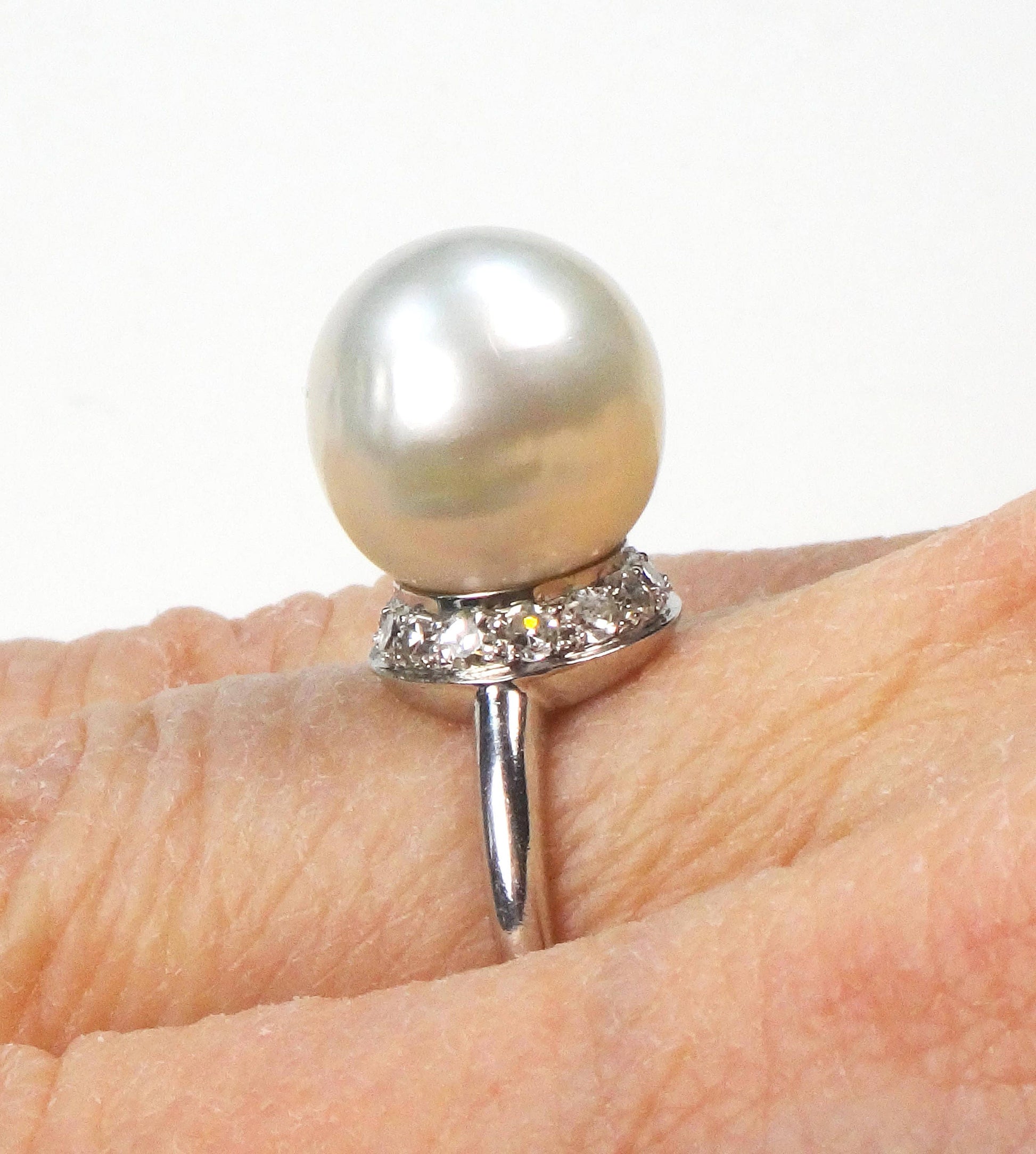 Vintage Palladium South Sea Pearl Ring: Diamond Halo, Bridal Statement