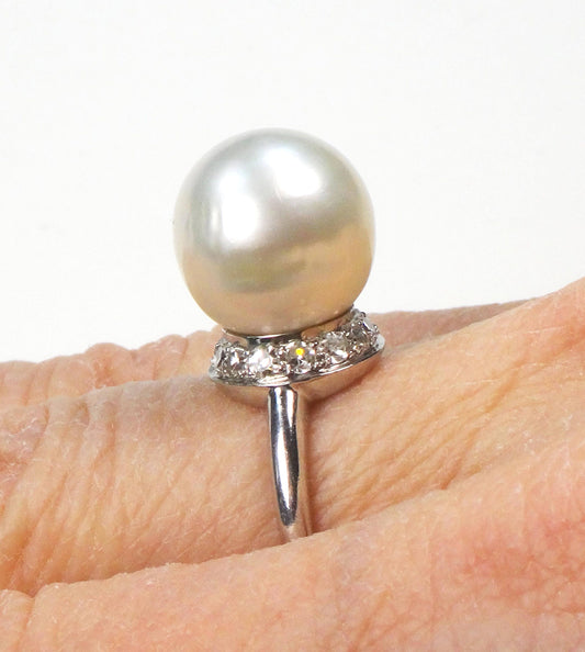 Vintage Palladium South Sea Pearl Ring: Diamond Halo, Bridal Statement