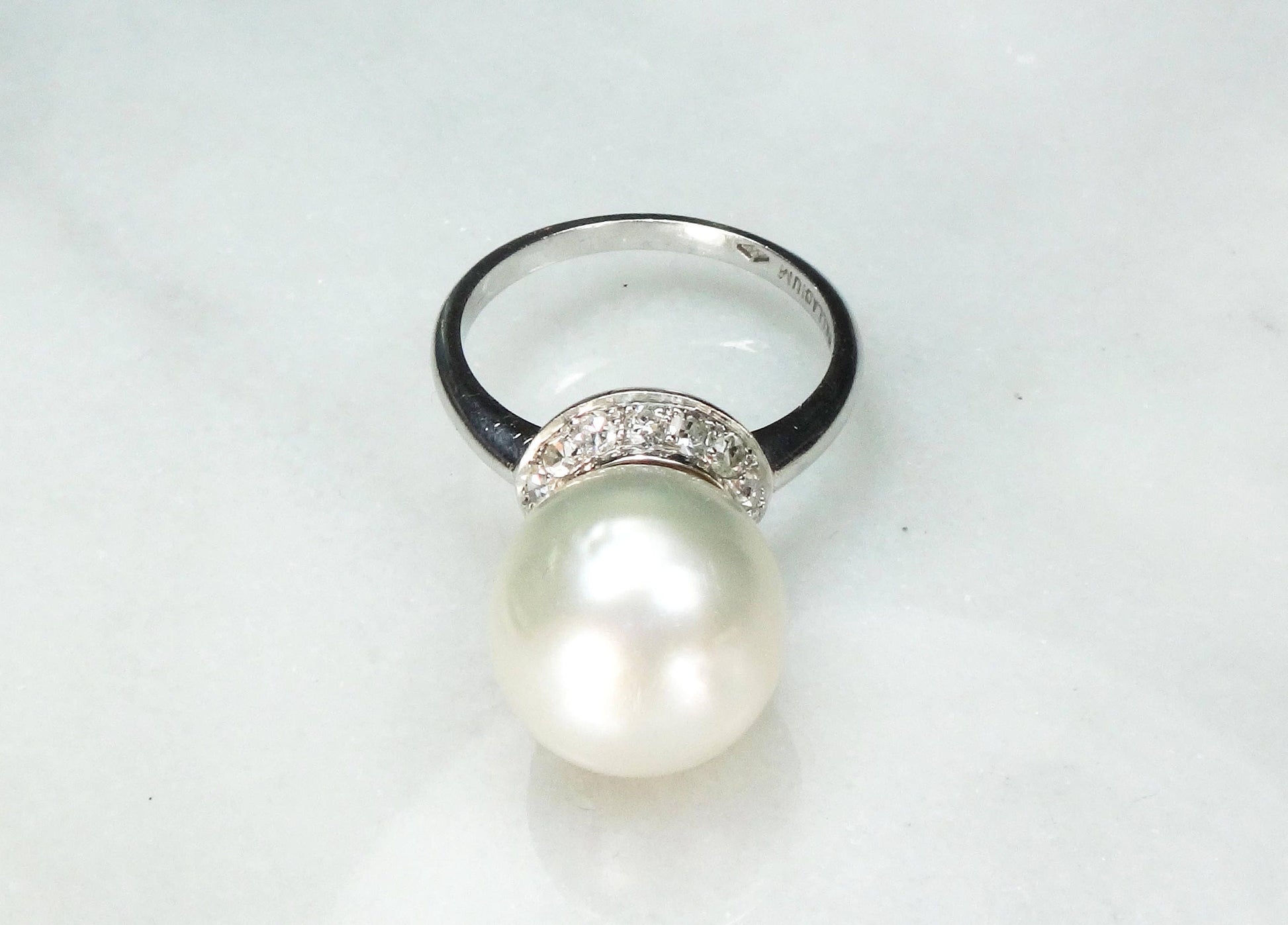 Vintage Palladium South Sea Pearl Ring: Diamond Halo, Bridal Statement