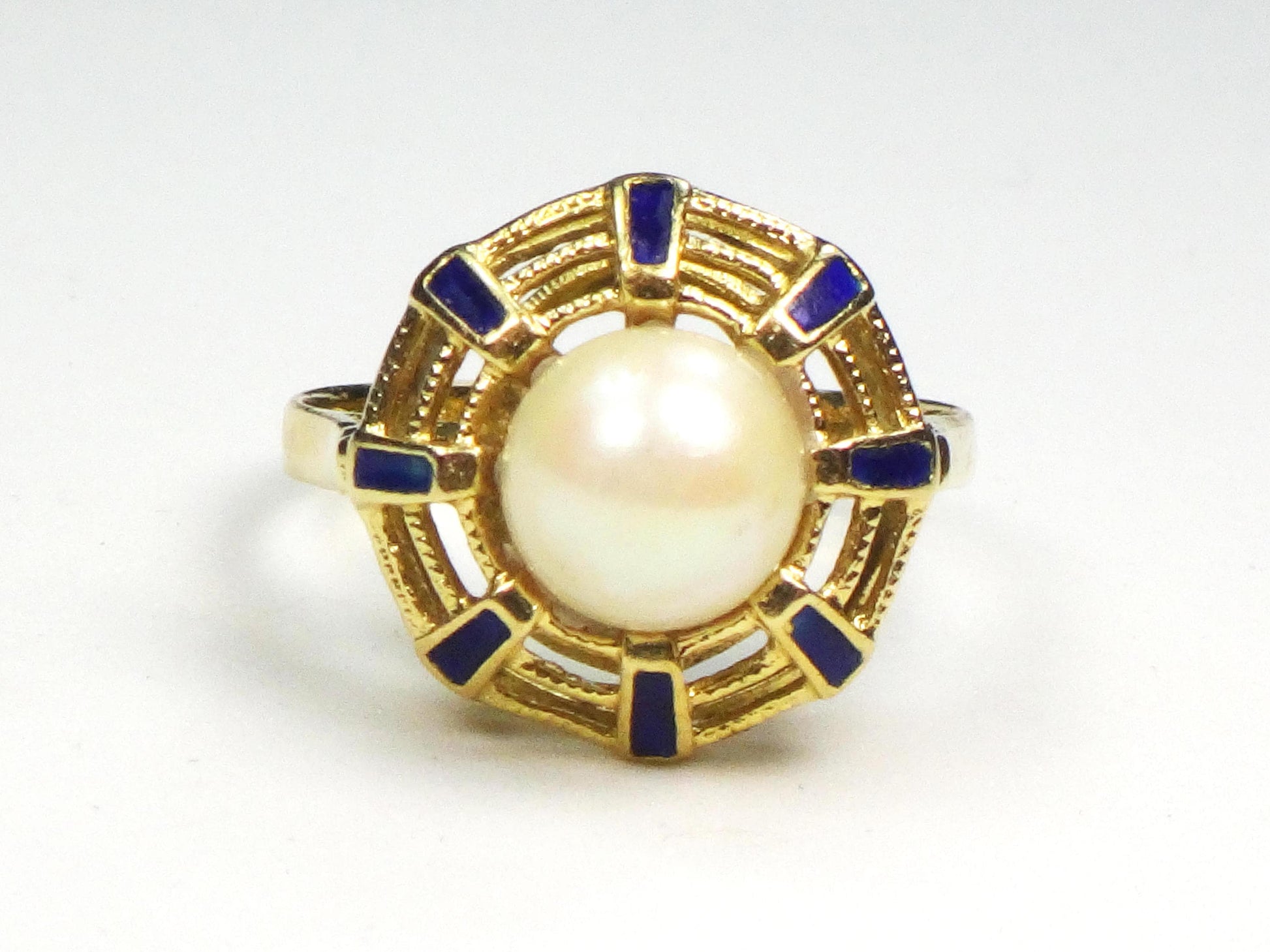 18k Yellow Gold Cultured Pearl and Blue Enamel Ring June Birthstone Ring