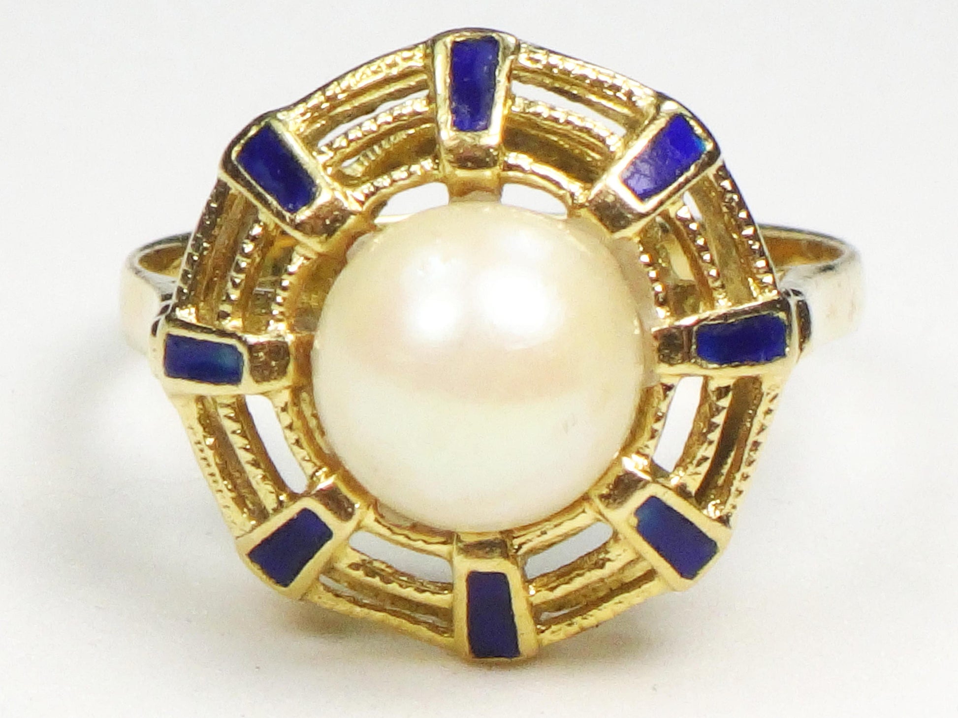 18k Yellow Gold Cultured Pearl and Blue Enamel Ring June Birthstone Ring