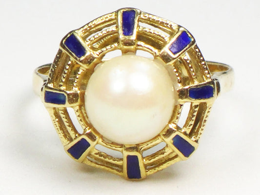 18k Yellow Gold Cultured Pearl and Blue Enamel Ring June Birthstone Ring