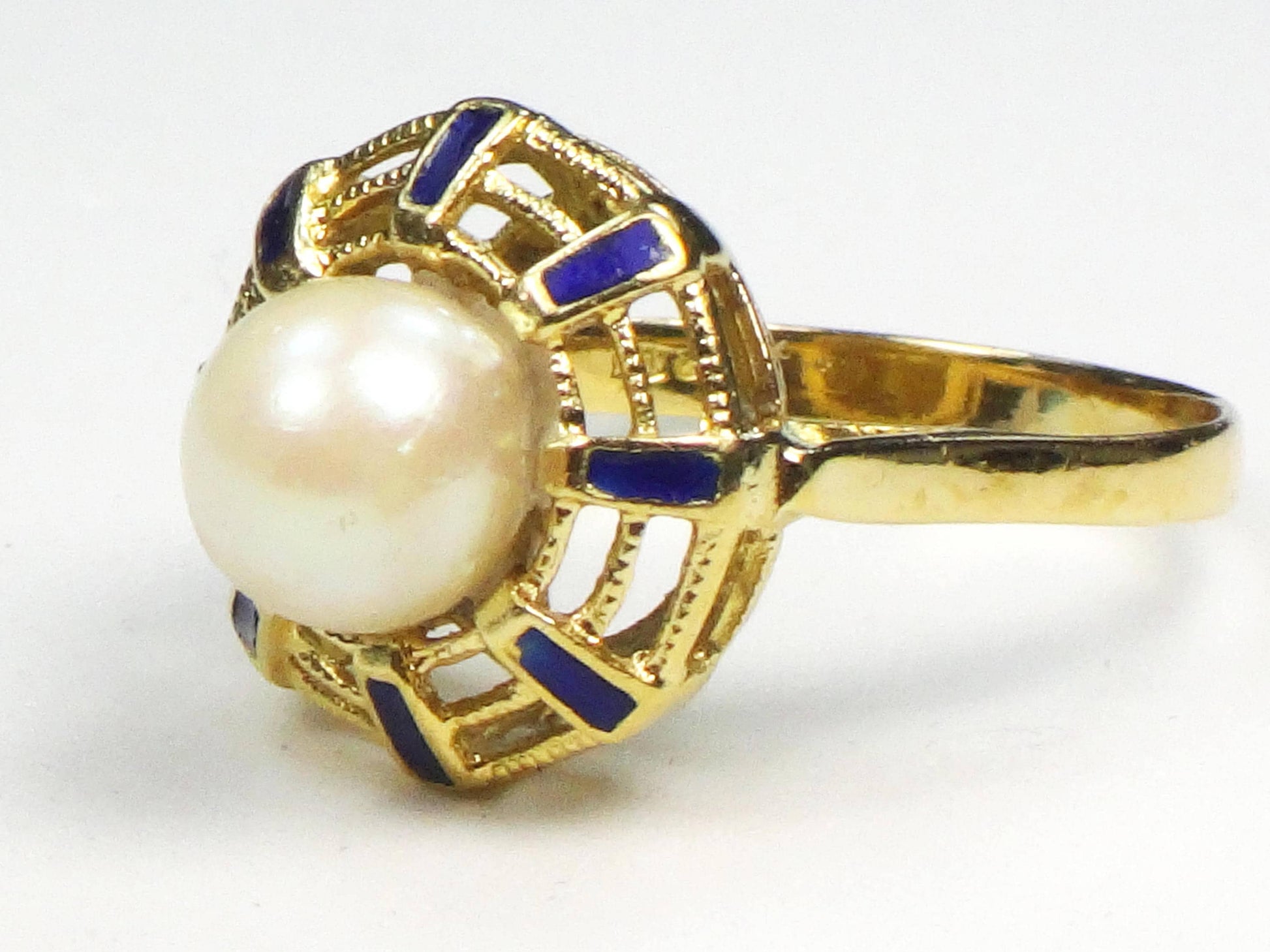 18k Yellow Gold Cultured Pearl and Blue Enamel Ring June Birthstone Ring