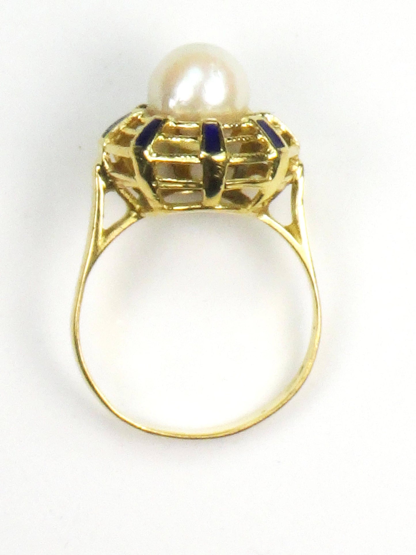 18k Yellow Gold Cultured Pearl and Blue Enamel Ring June Birthstone Ring