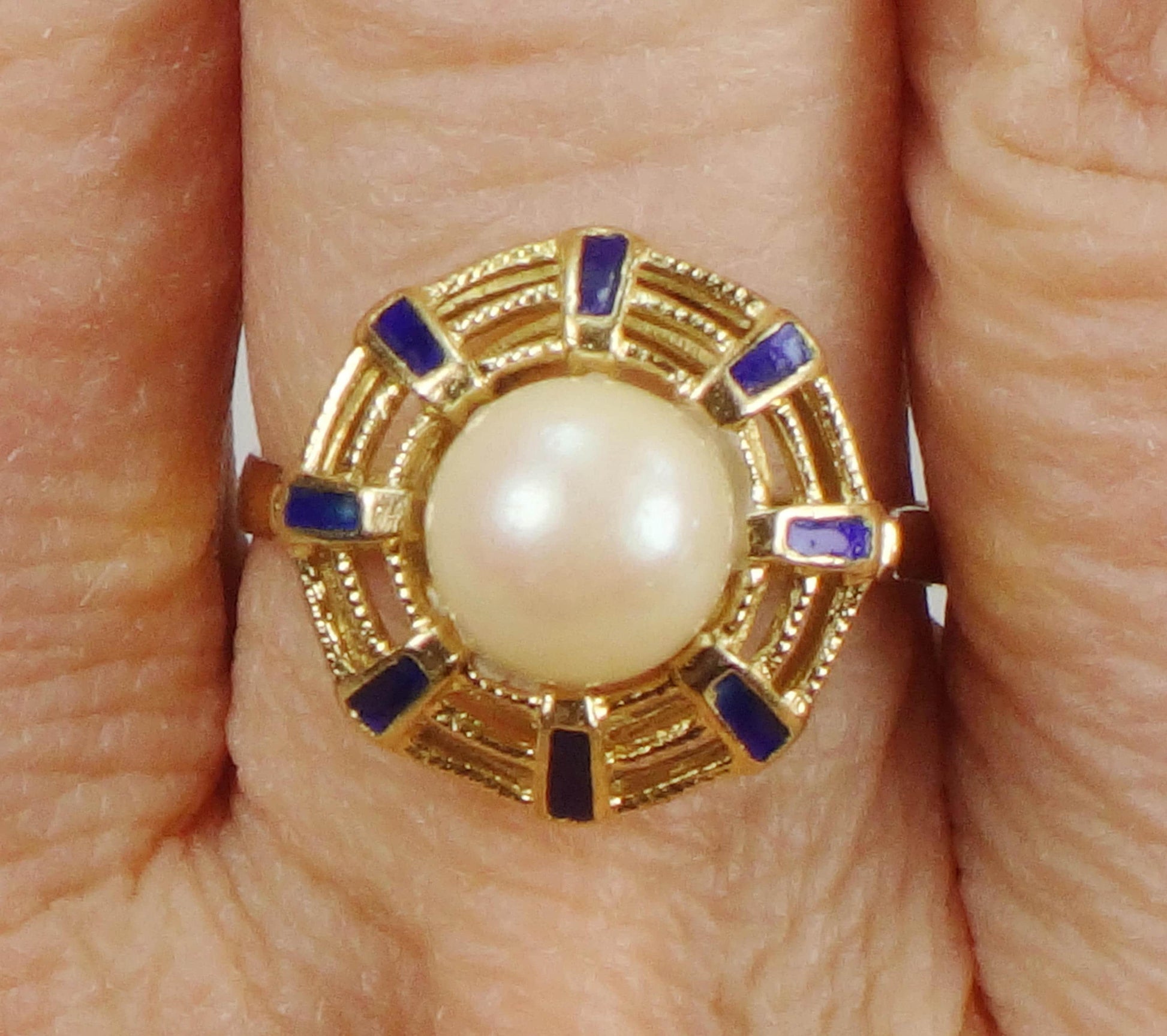 18k Yellow Gold Cultured Pearl and Blue Enamel Ring June Birthstone Ring