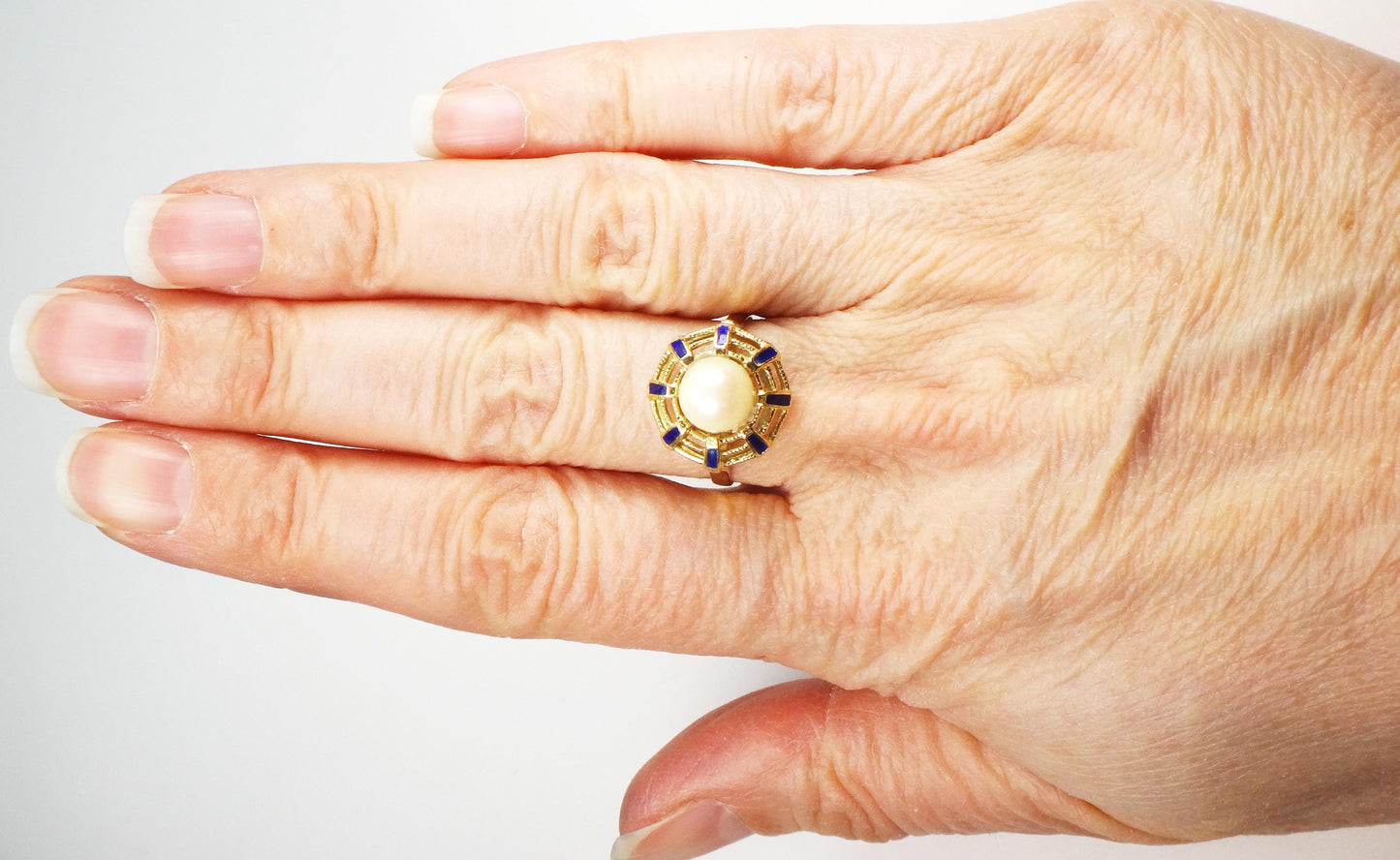18k Yellow Gold Cultured Pearl and Blue Enamel Ring June Birthstone Ring