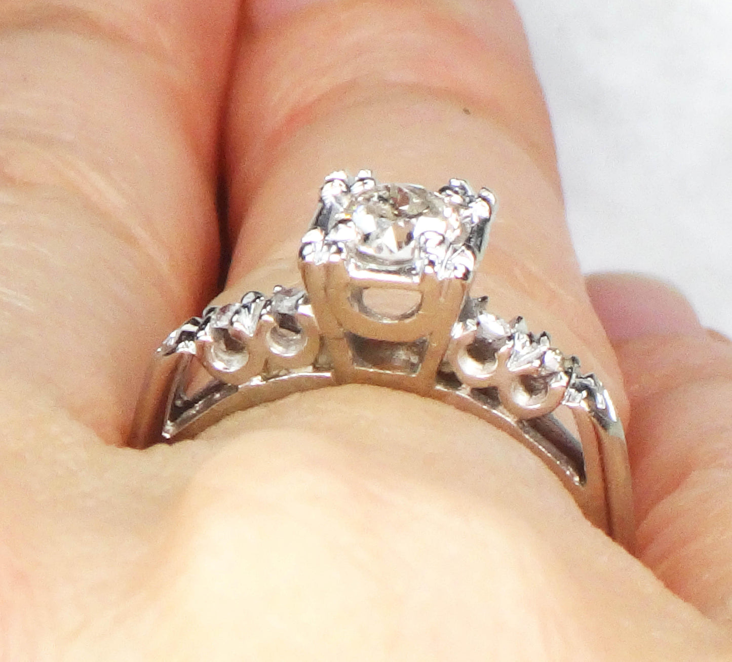 Vintage 14k White Gold Natural Old European Cut Diamond Engagement Ring Approx .33 CT Size 5.25