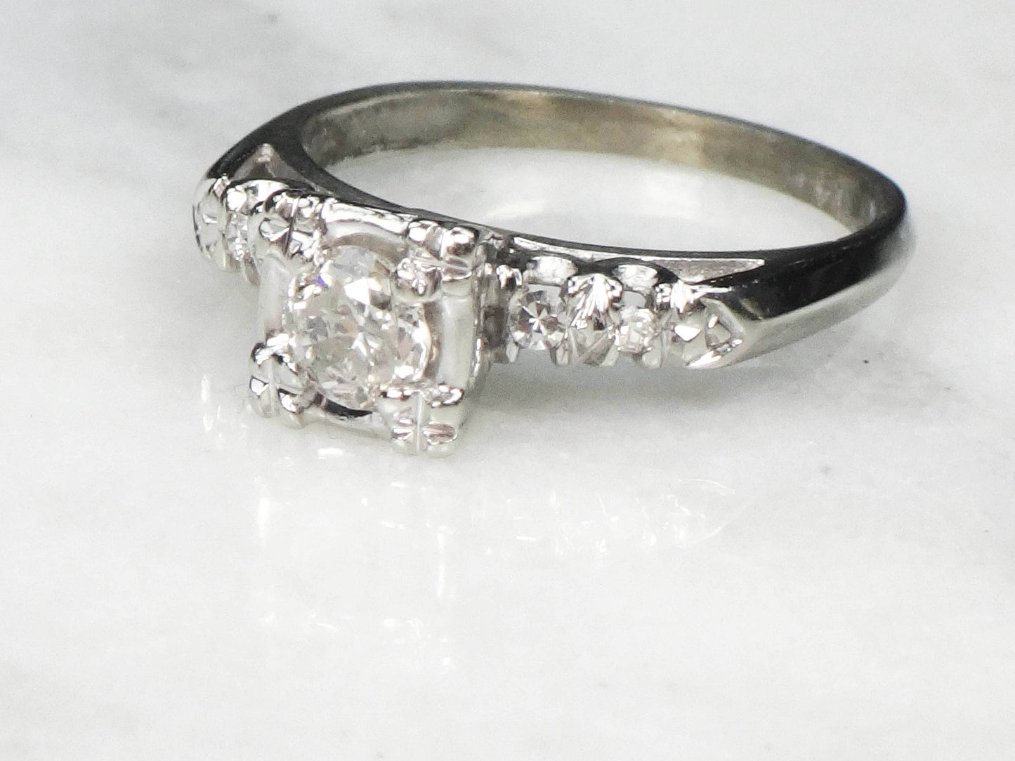 Vintage 14k White Gold Natural Old European Cut Diamond Engagement Ring Approx .33 CT Size 5.25