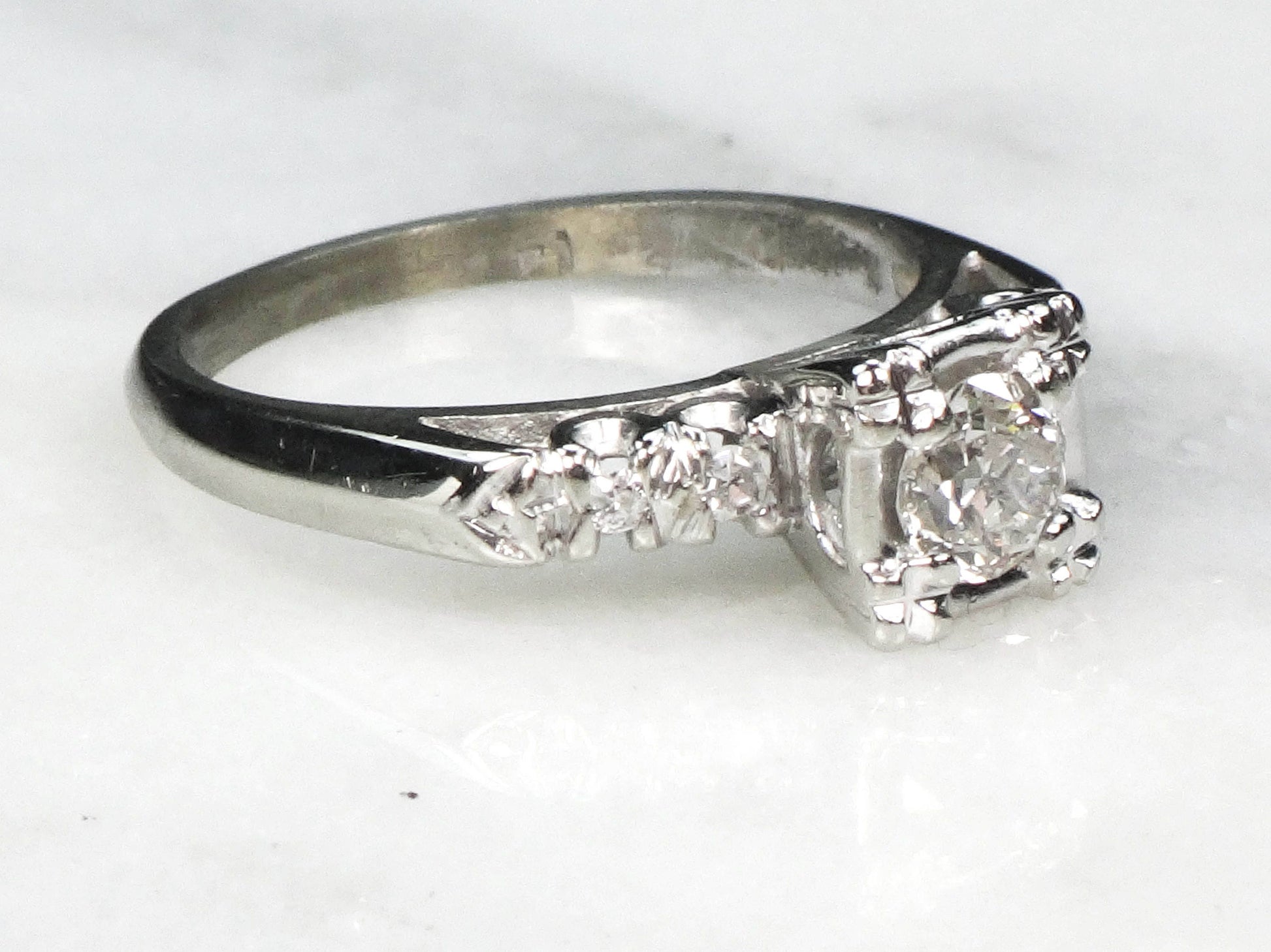 Vintage 14k White Gold Natural Old European Cut Diamond Engagement Ring Approx .33 CT Size 5.25