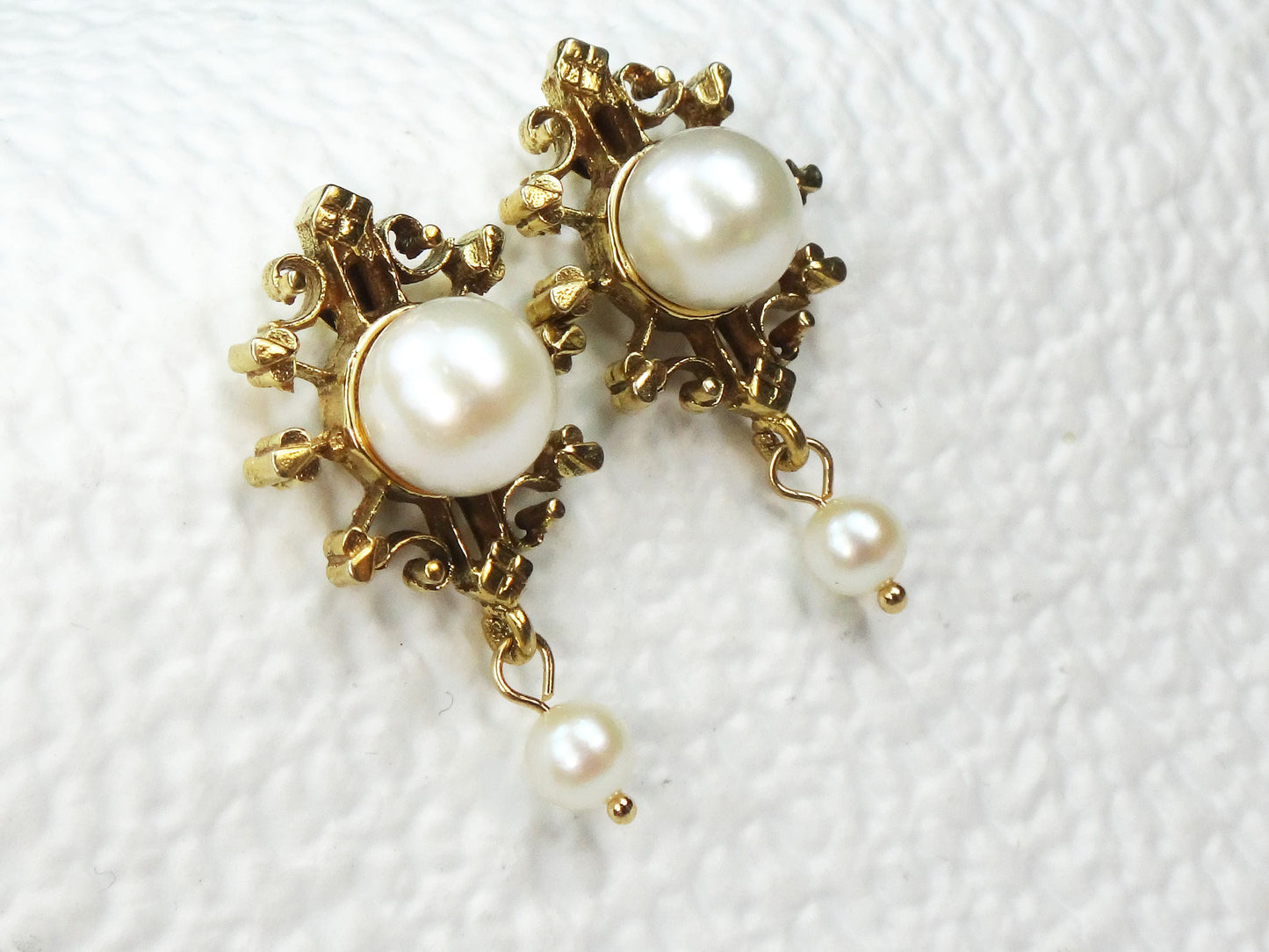 Cultured Pearl Dangle Earrings - 14k Yellow Gold Fine Bridal Jewelry - Vintage Circa 1940's