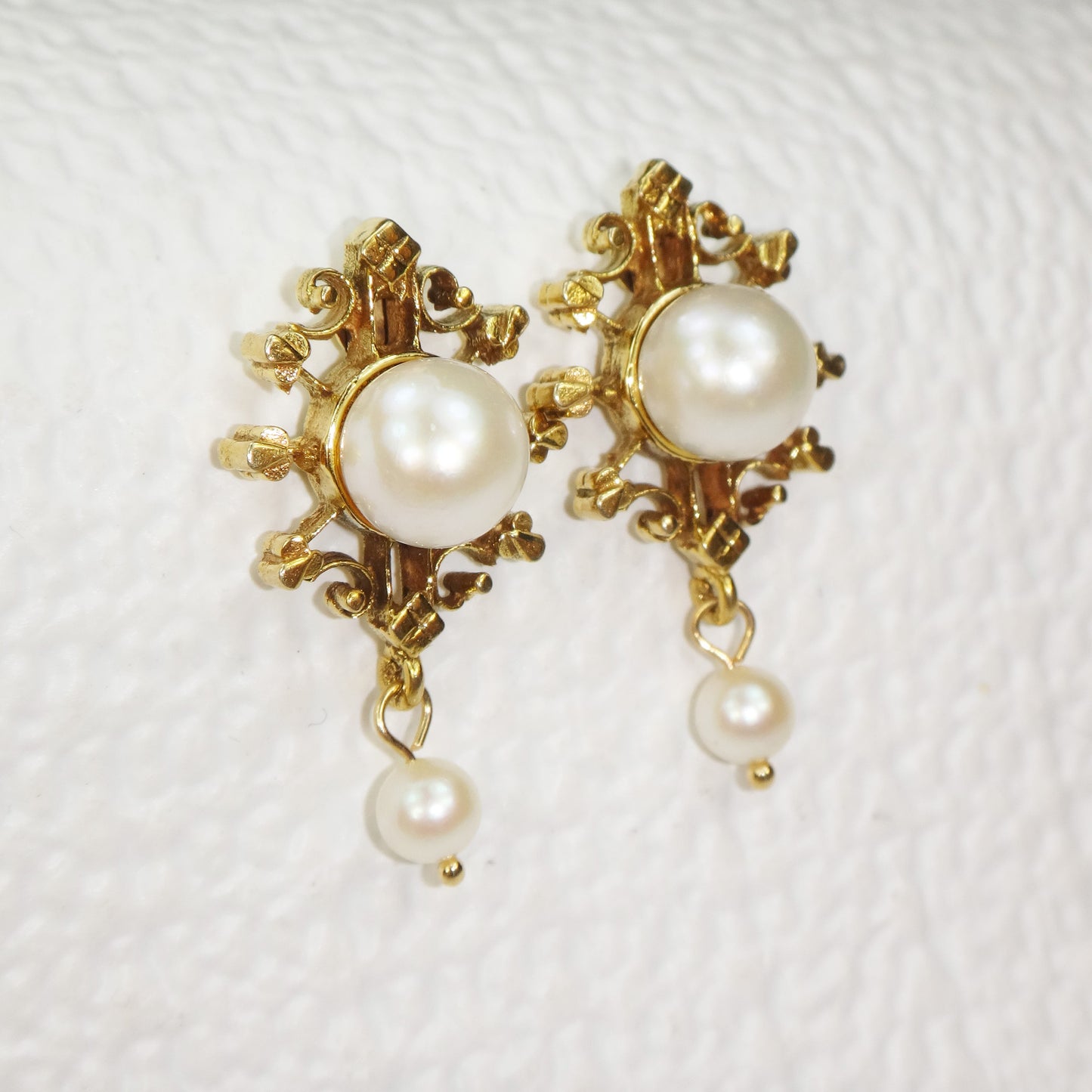 Cultured Pearl Dangle Earrings - 14k Yellow Gold Fine Bridal Jewelry - Vintage Circa 1940's