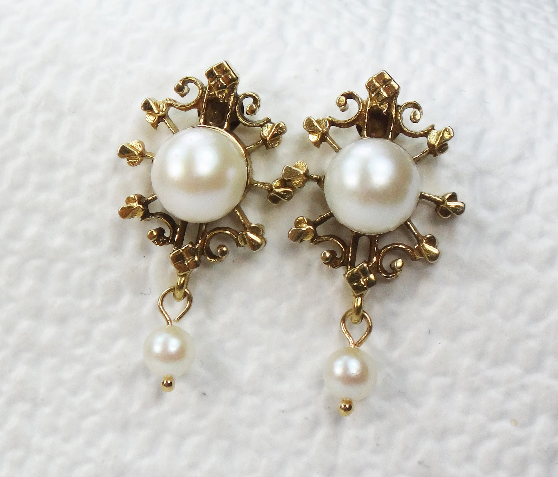 Cultured Pearl Dangle Earrings - 14k Yellow Gold Fine Bridal Jewelry - Vintage Circa 1940's
