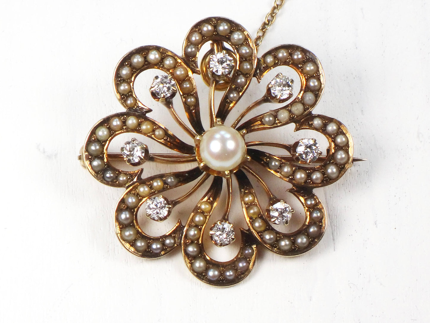 Victorian 14k Gold Floral Pearl Diamond Pendant Pin: Antique Jewelry