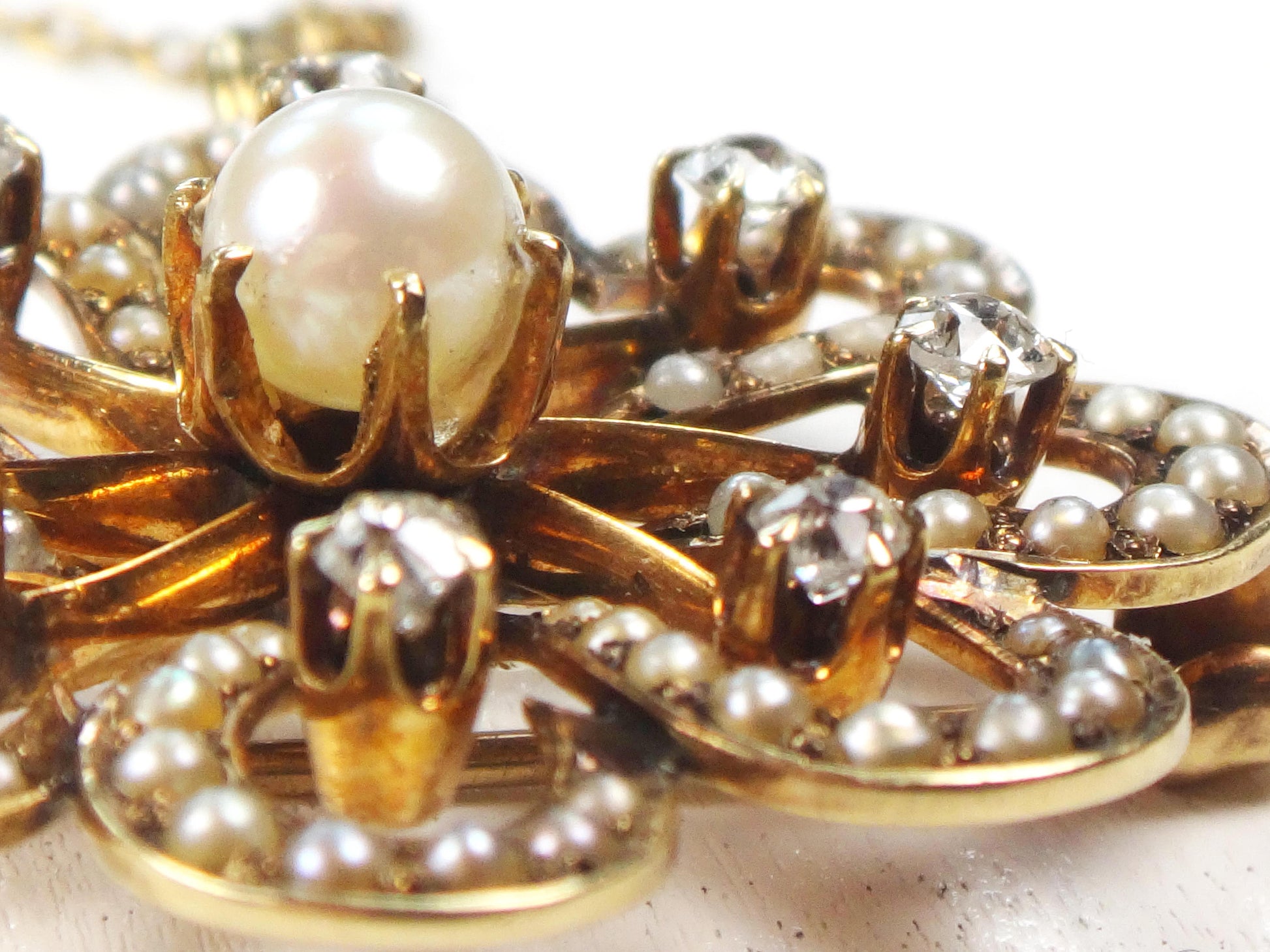 Victorian 14k Gold Floral Pearl Diamond Pendant Pin: Antique Jewelry