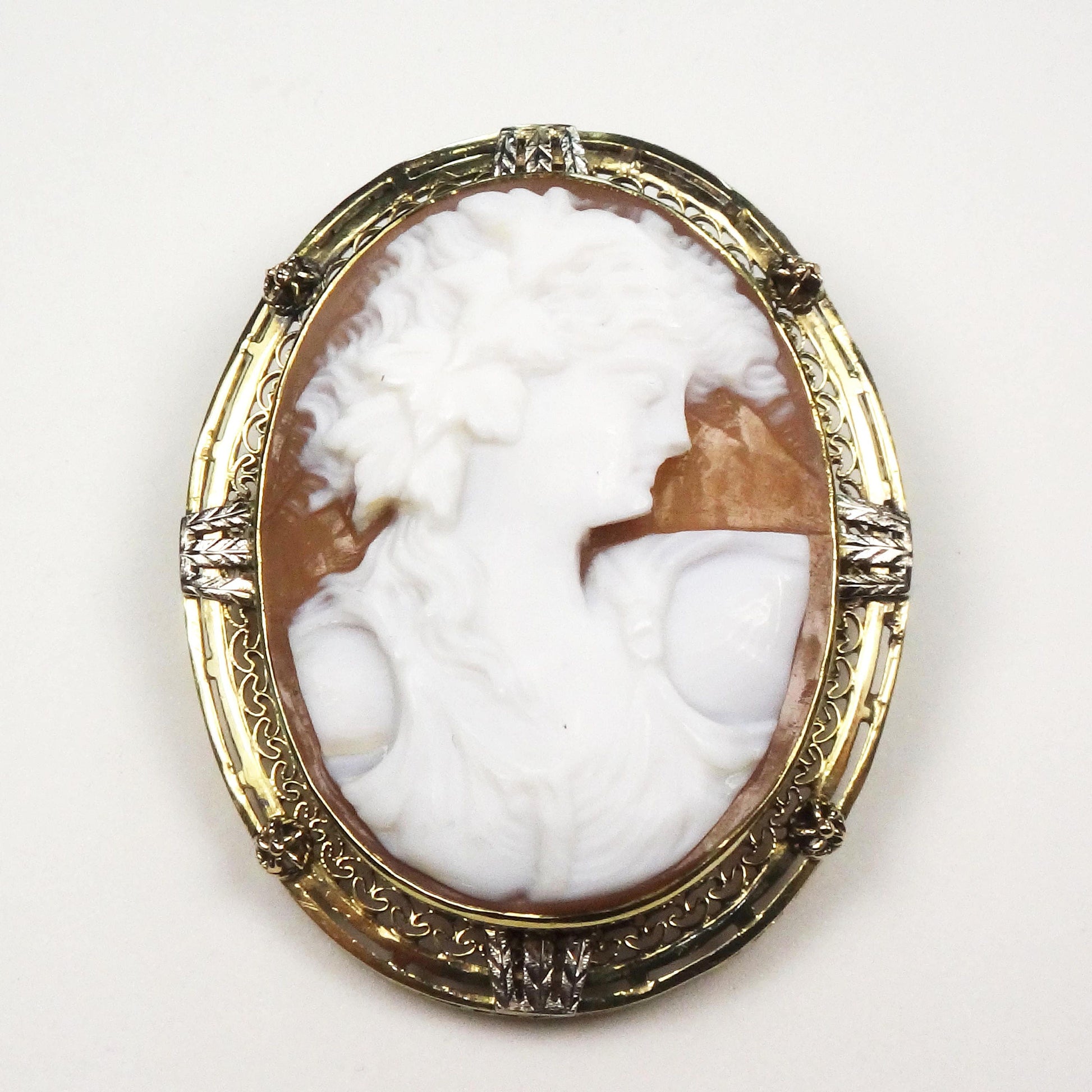 Vintage Art Deco 10k Gold Cameo Pendant Pin: Goddess with Grape Leaves