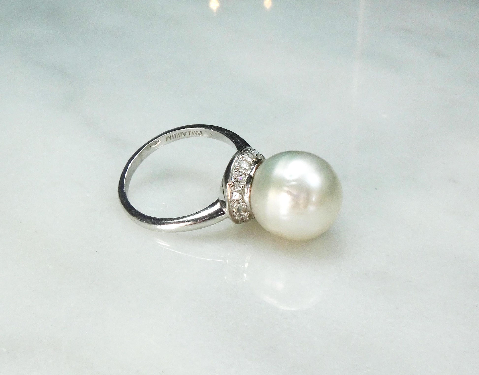 Vintage Palladium South Sea Pearl Ring: Diamond Halo, Bridal Statement