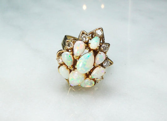 Vintage 14k Yellow Gold Australian Opal & Diamond Ring