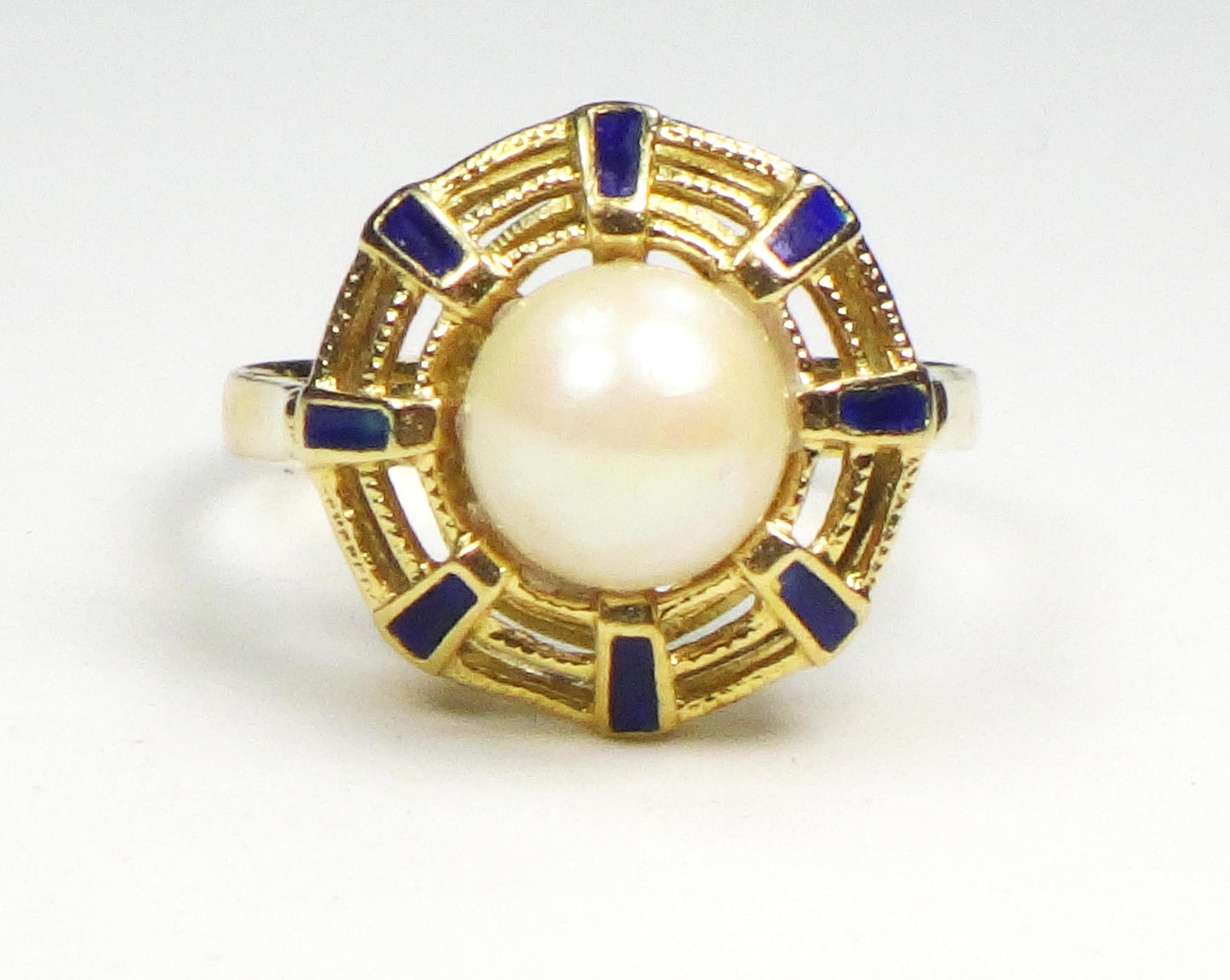 18k Yellow Gold Cultured Pearl and Blue Enamel Ring June Birthstone Ring