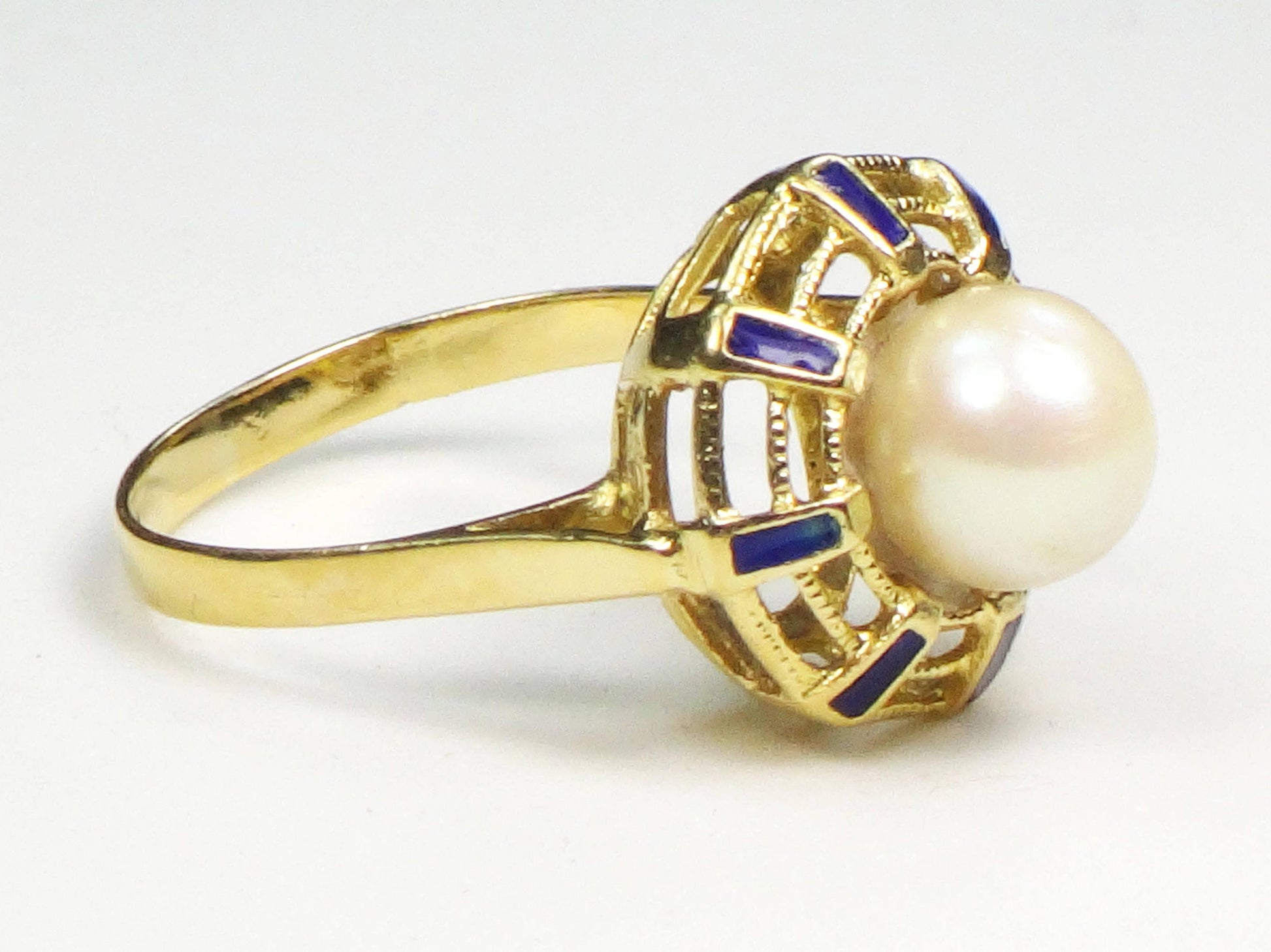 18k Yellow Gold Cultured Pearl and Blue Enamel Ring June Birthstone Ring