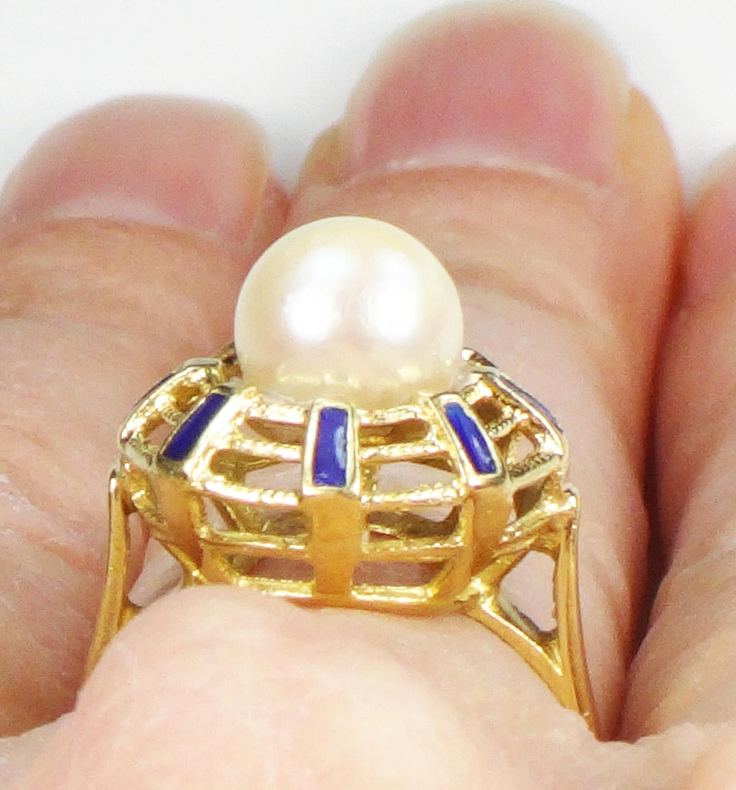 18k Yellow Gold Cultured Pearl and Blue Enamel Ring June Birthstone Ring