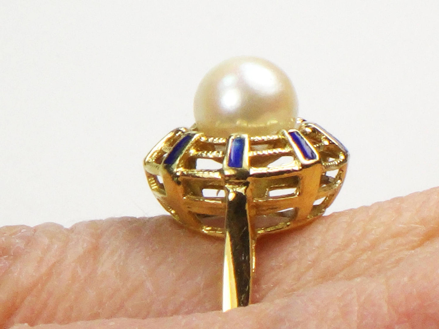 18k Yellow Gold Cultured Pearl and Blue Enamel Ring June Birthstone Ring