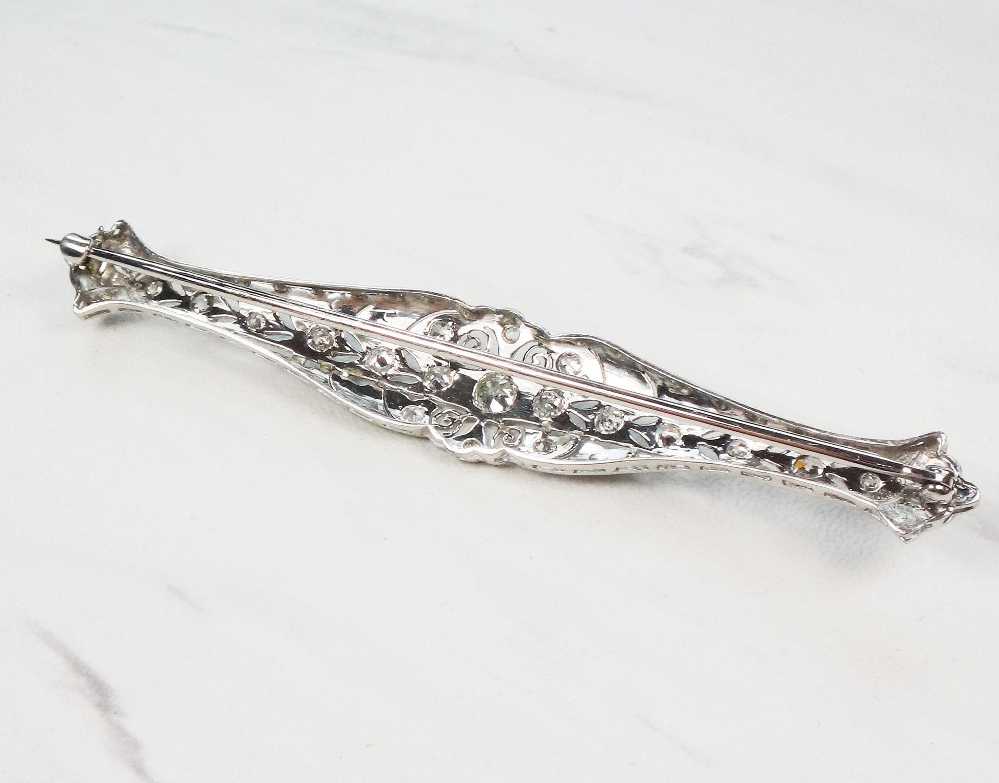 Antique 14k White Gold Diamond Bar Pin: Art Deco Filigree, Old Mine Cut