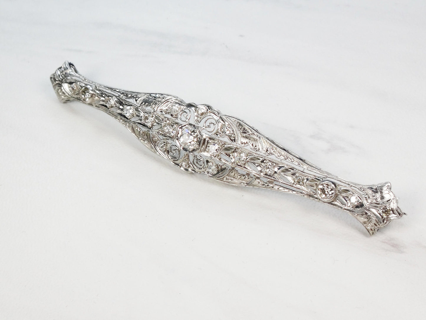 Antique 14k White Gold Diamond Bar Pin: Art Deco Filigree, Old Mine Cut