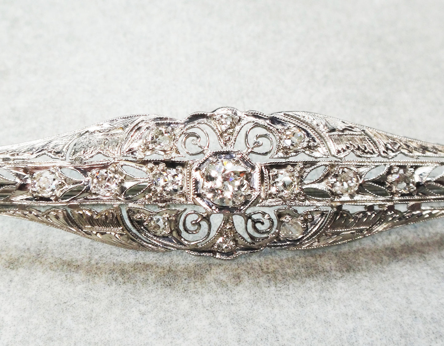 Antique 14k White Gold Diamond Bar Pin: Art Deco Filigree, Old Mine Cut