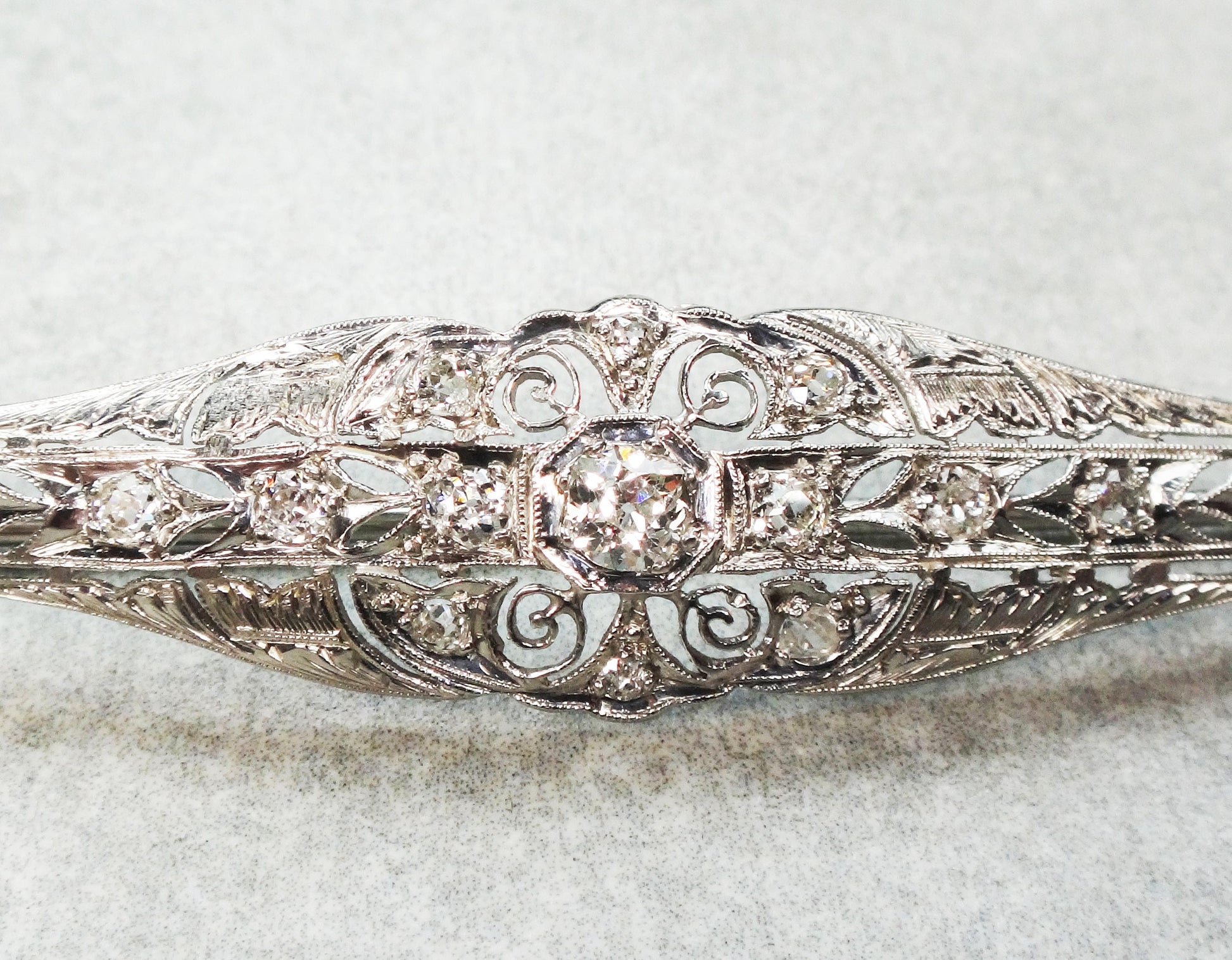 Antique 14k White Gold Diamond Bar Pin: Art Deco Filigree, Old Mine Cut