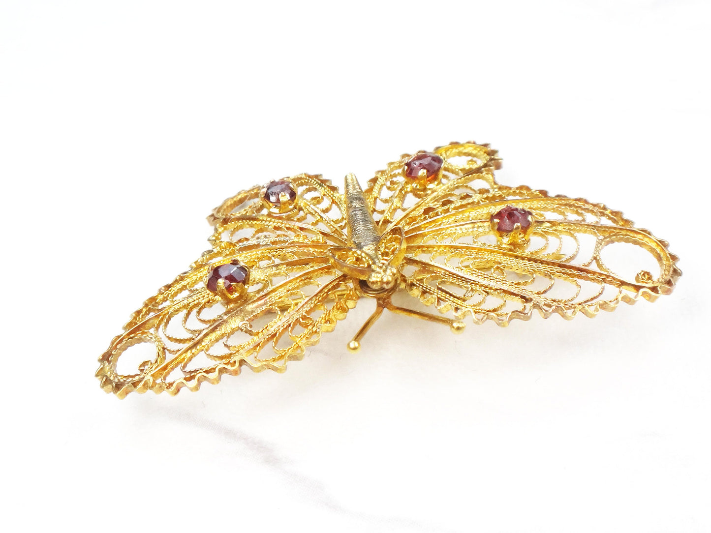 Vintage 14k Gold Filigree Butterfly Pin with Garnets
