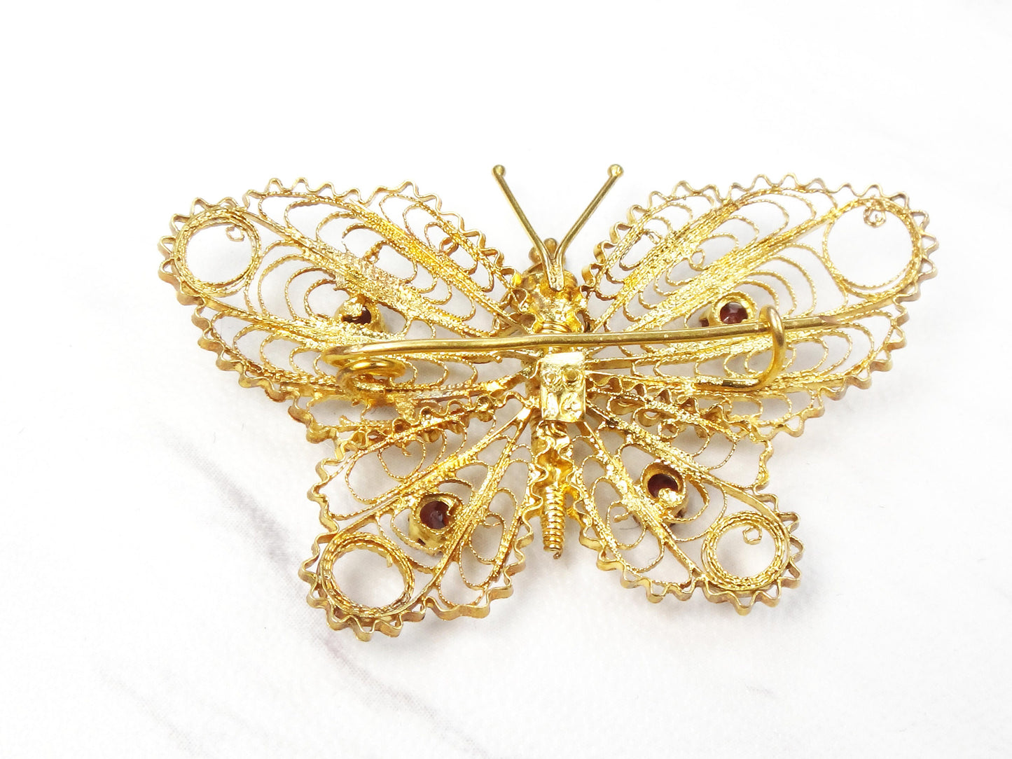 Vintage 14k Gold Filigree Butterfly Pin with Garnets