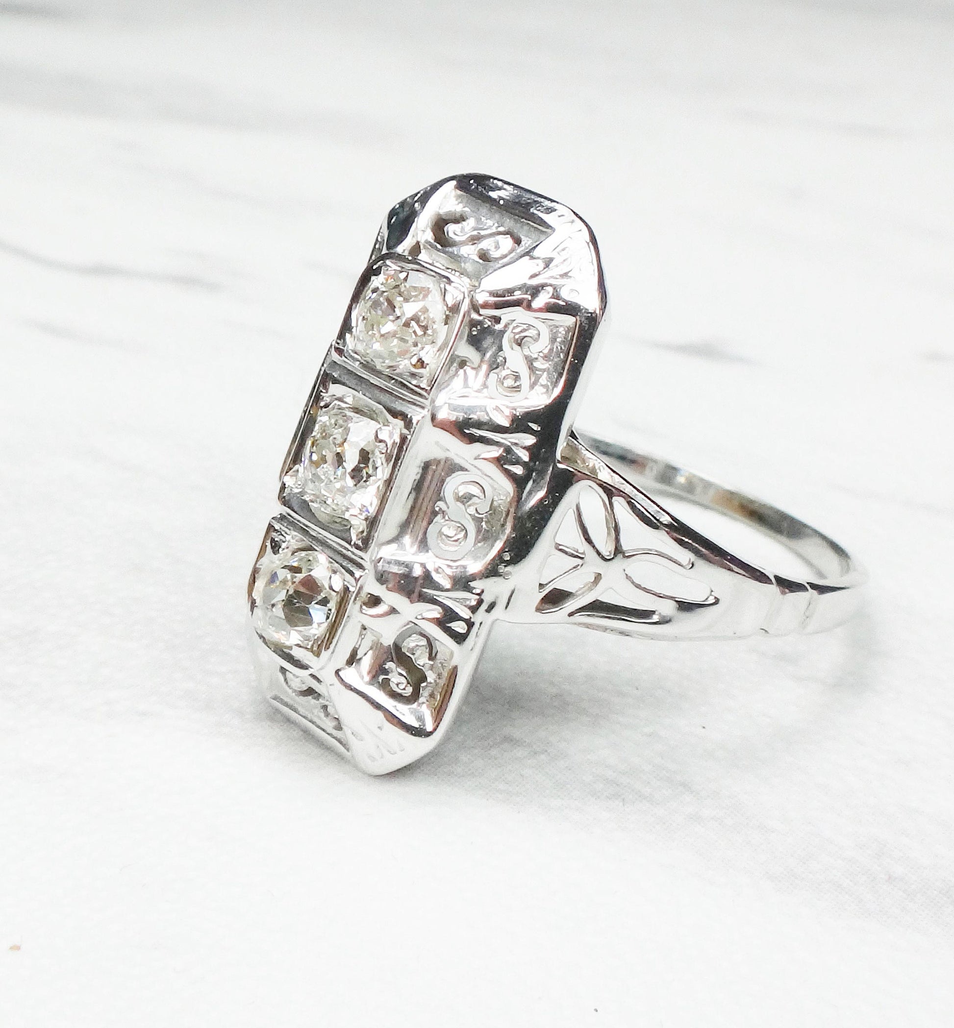 14k White Gold Art Deco Diamond Ring: Three Stone Old Mine Cut