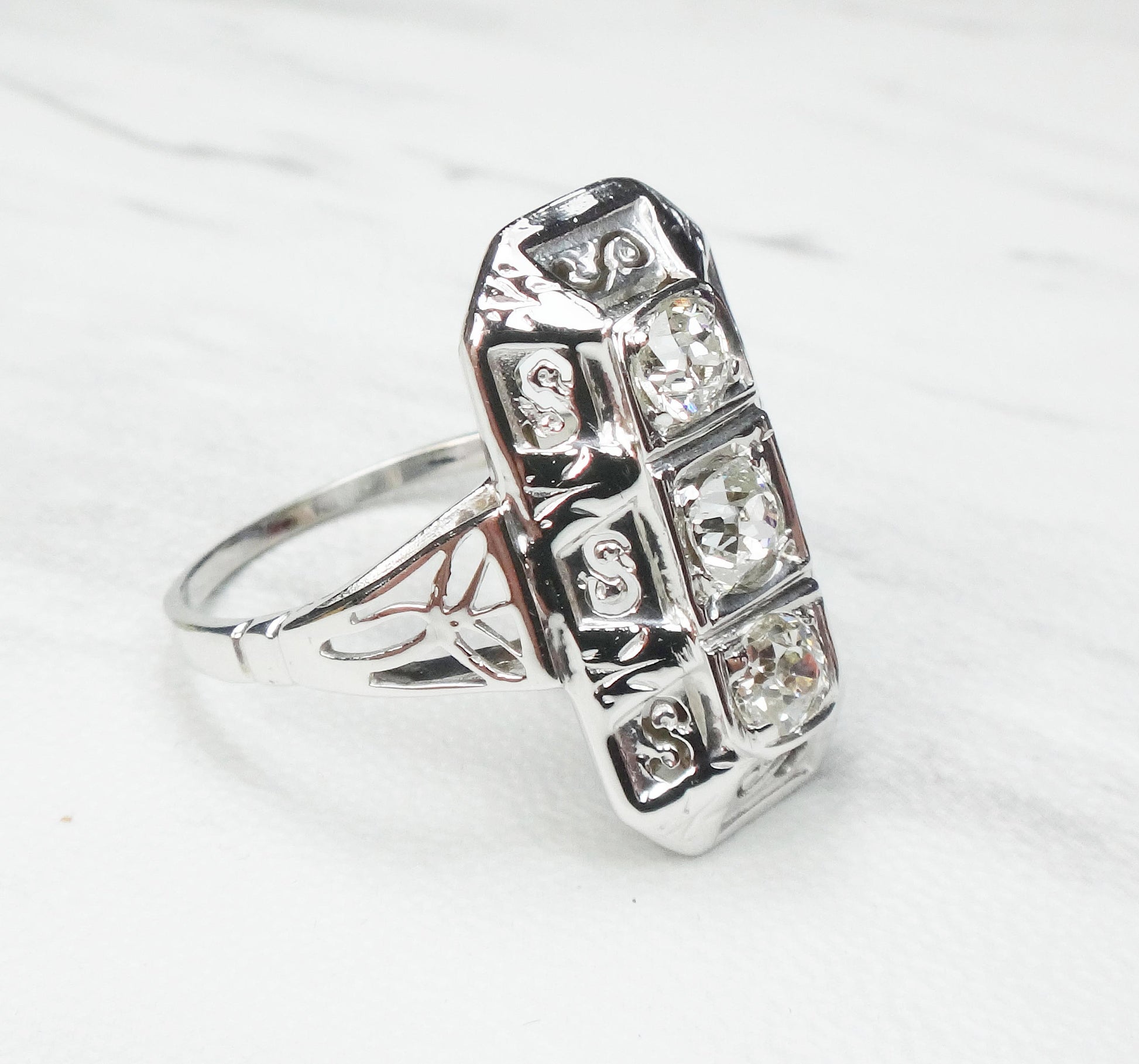 14k White Gold Art Deco Diamond Ring: Three Stone Old Mine Cut