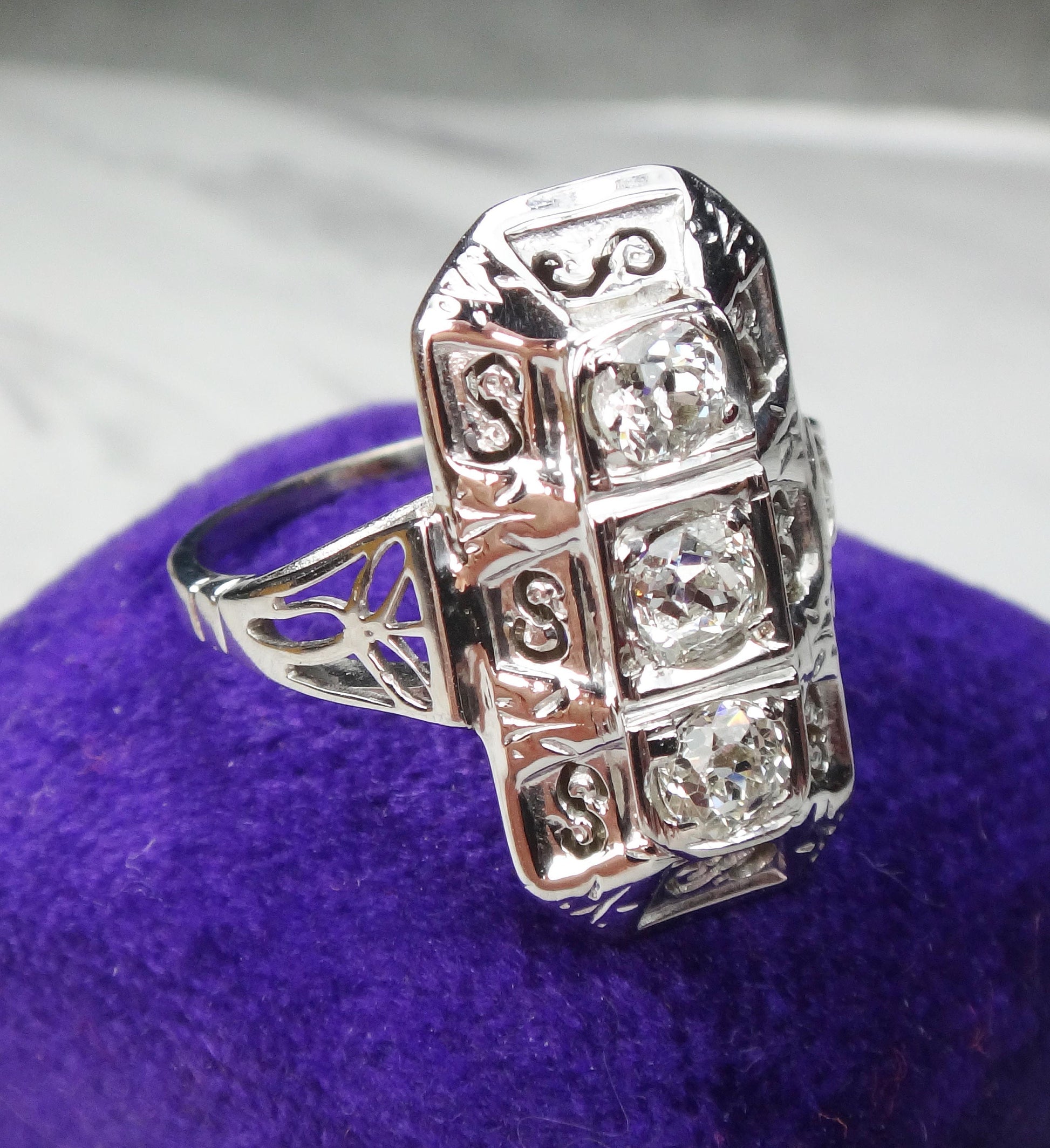 14k White Gold Art Deco Diamond Ring: Three Stone Old Mine Cut