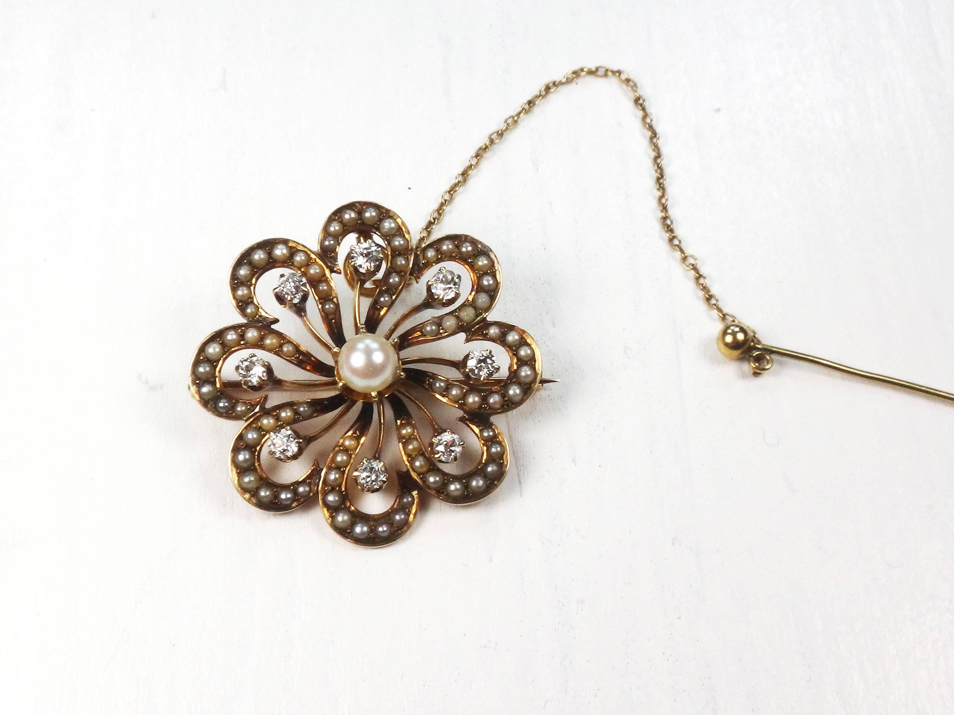 Victorian 14k Gold Floral Pearl Diamond Pendant Pin: Antique Jewelry